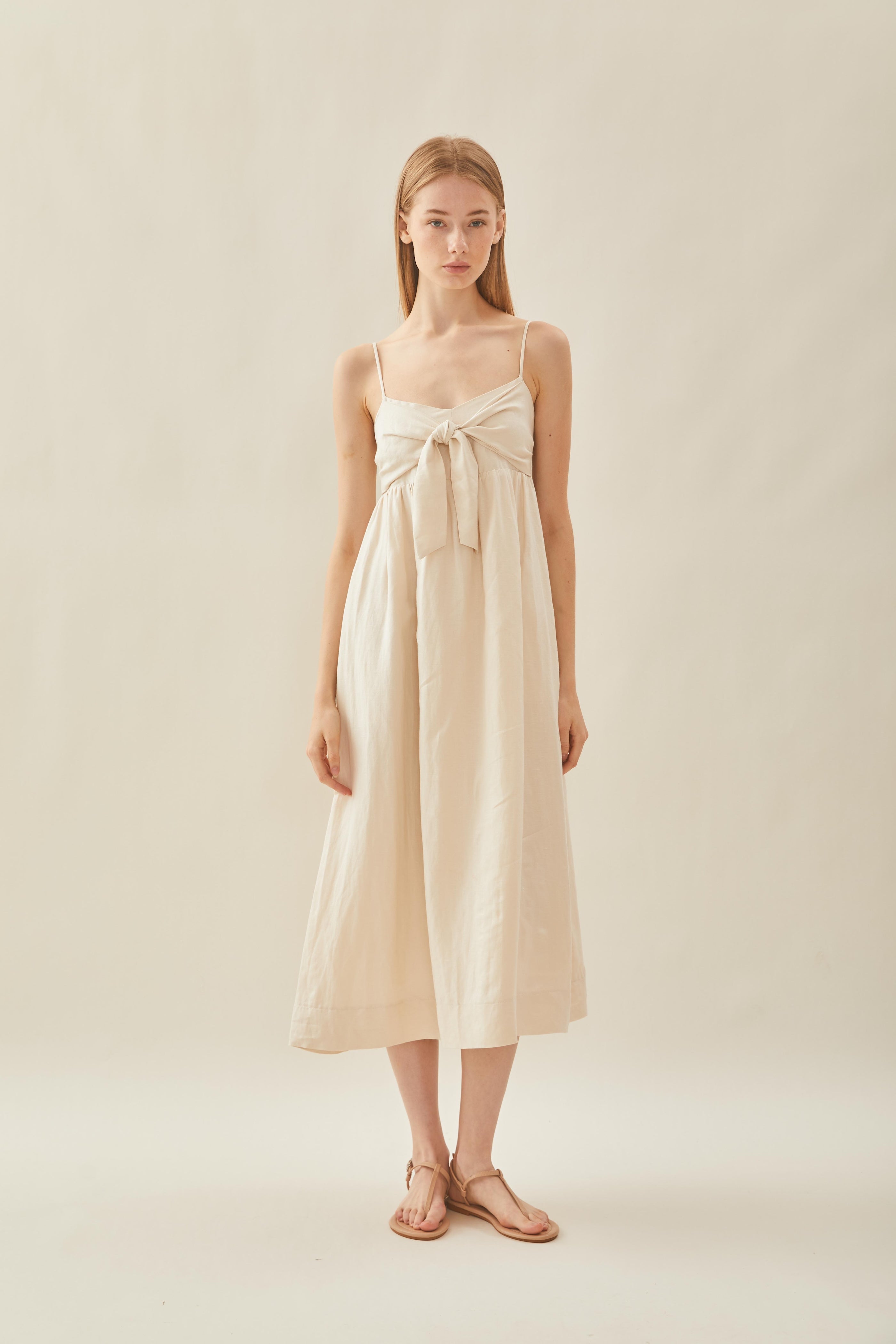 Tie-Front Bustier Midi Dress in Natural