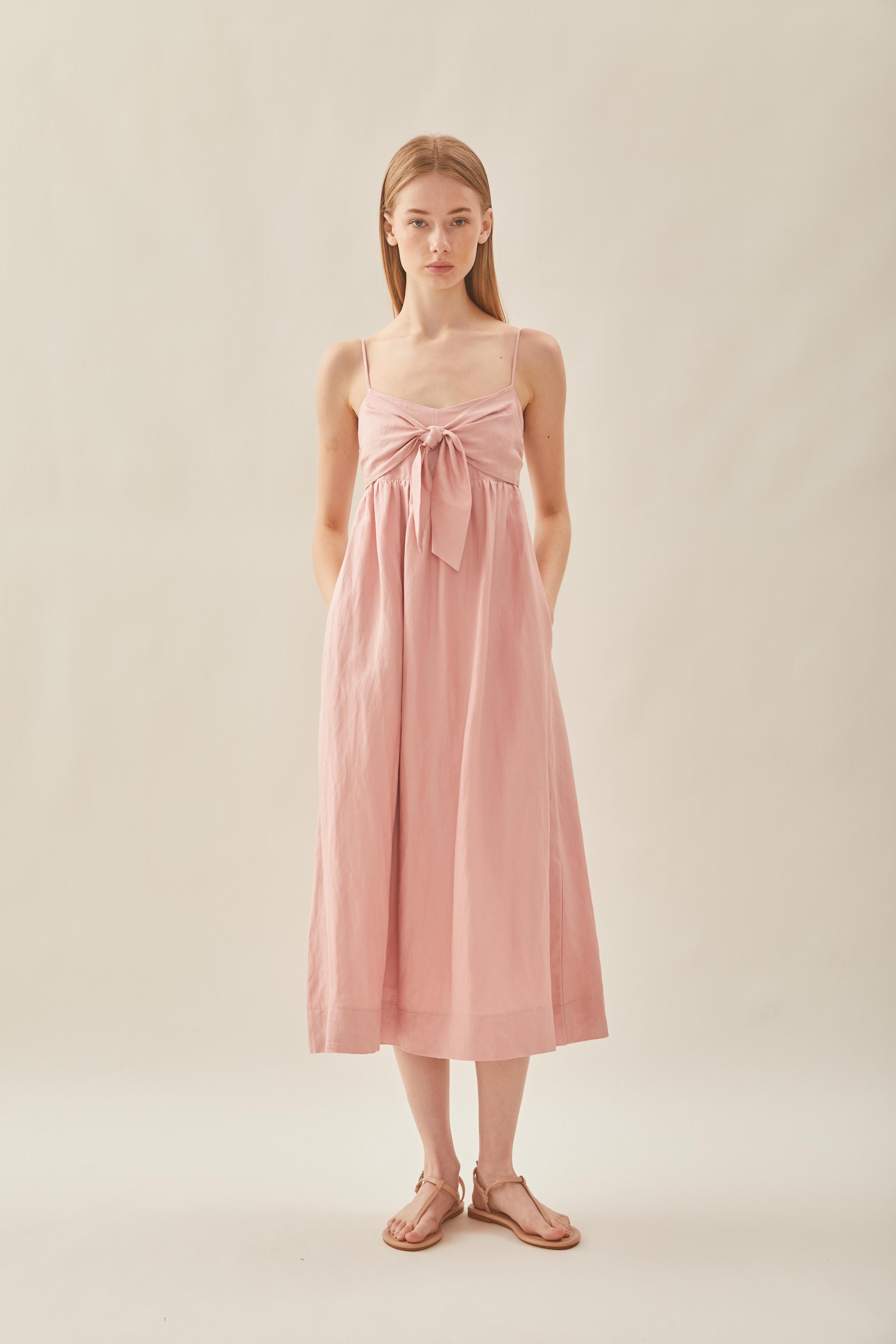 Tie Front Bustier Midi Dress in Petal Pink