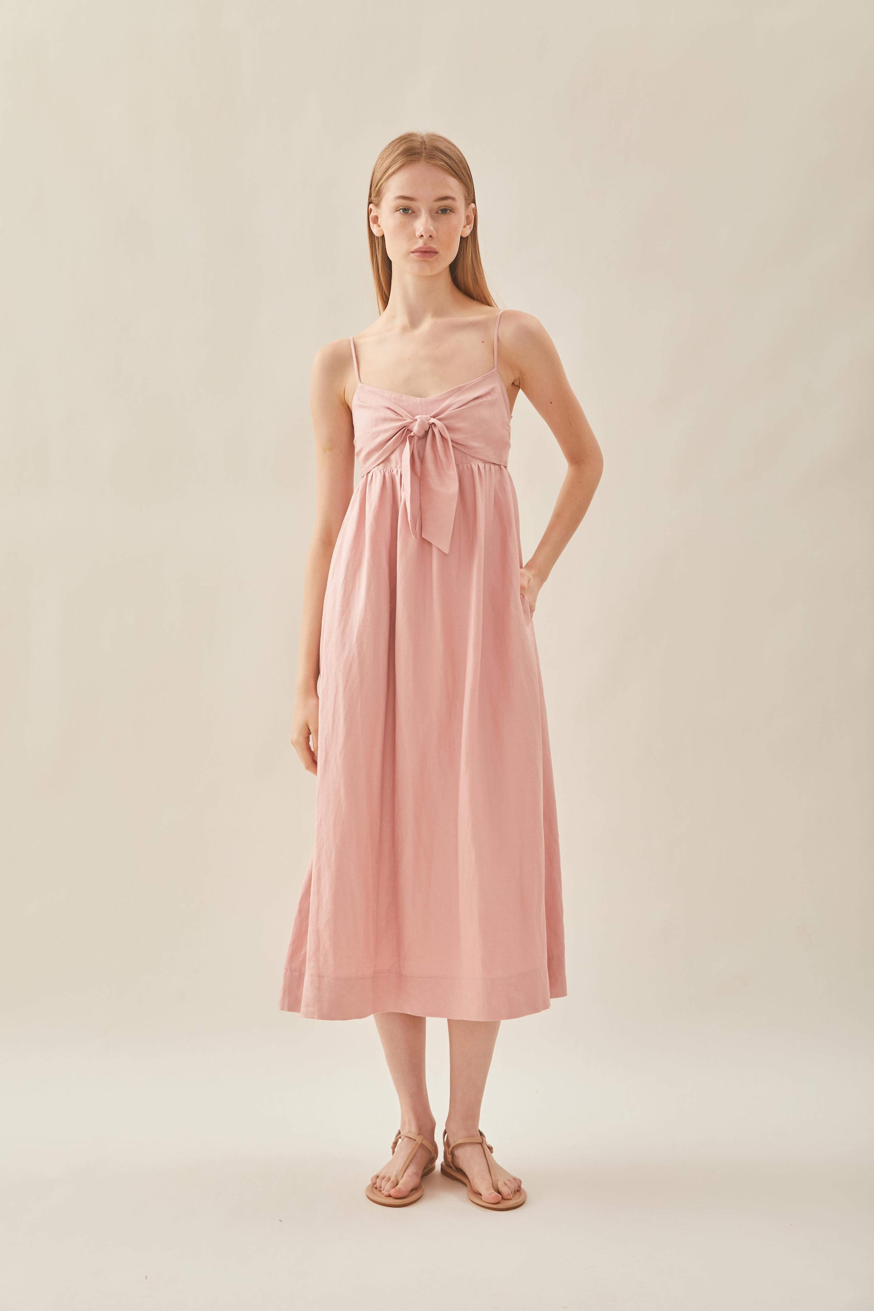 Tie Front Bustier Midi Dress in Petal Pink