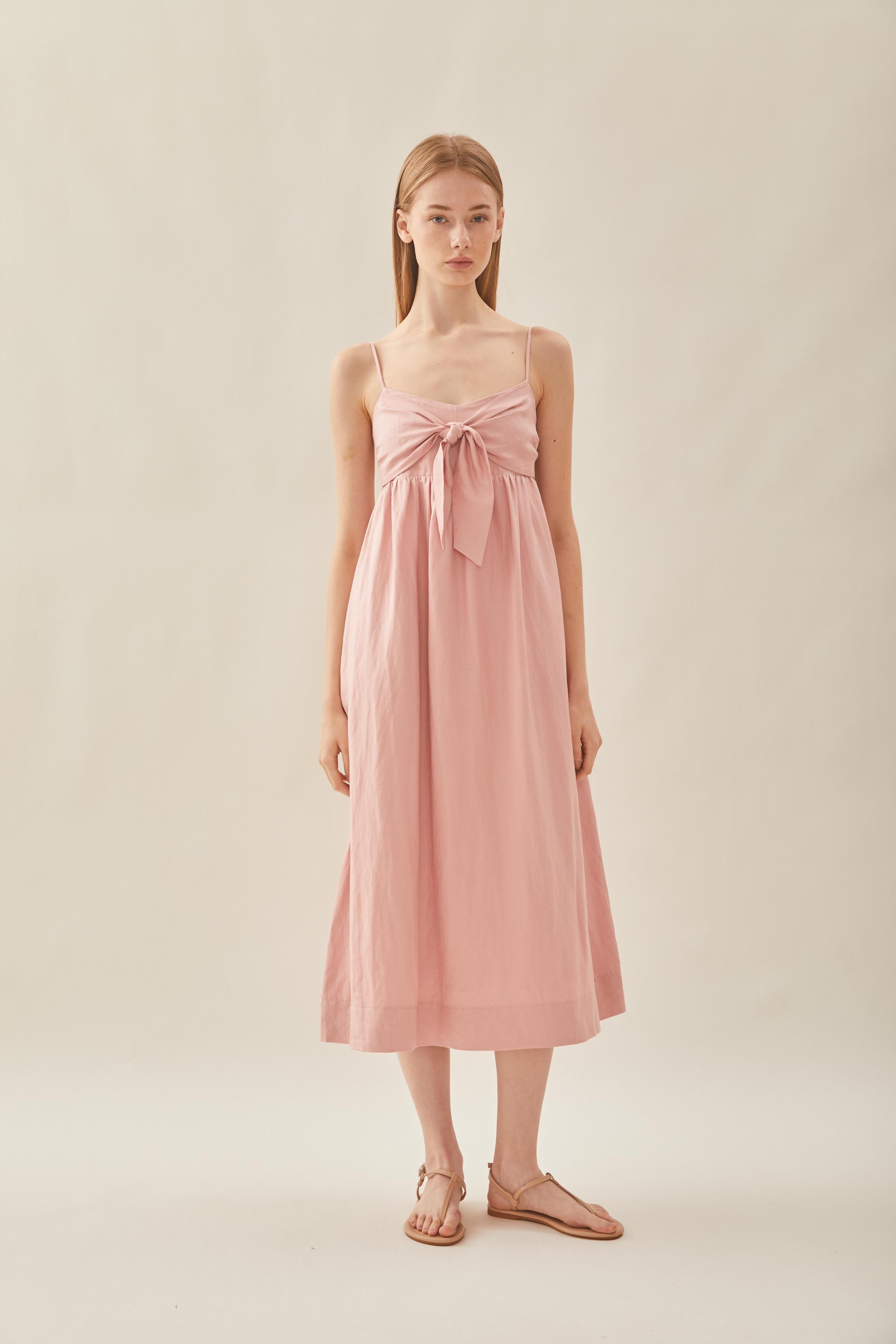 Tie Front Bustier Midi Dress in Petal Pink