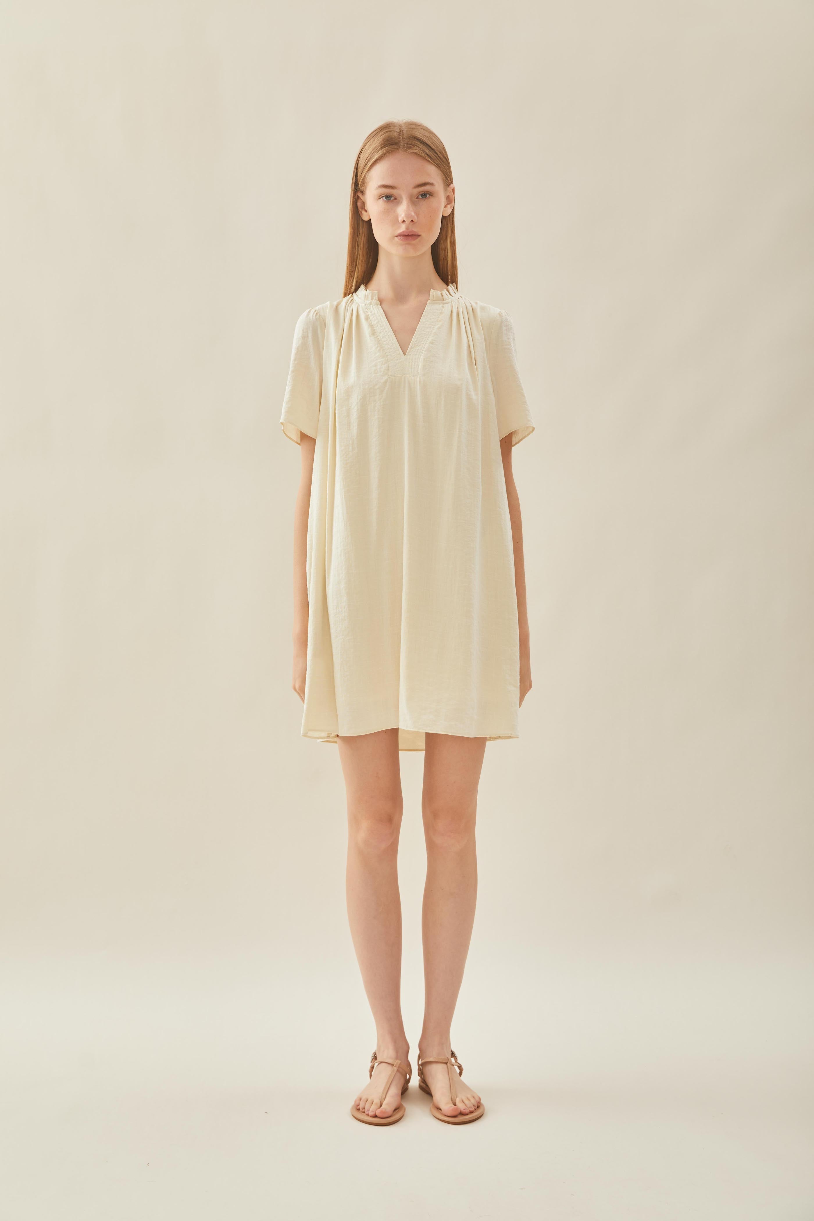 Pleated V Neck Dress in Natural