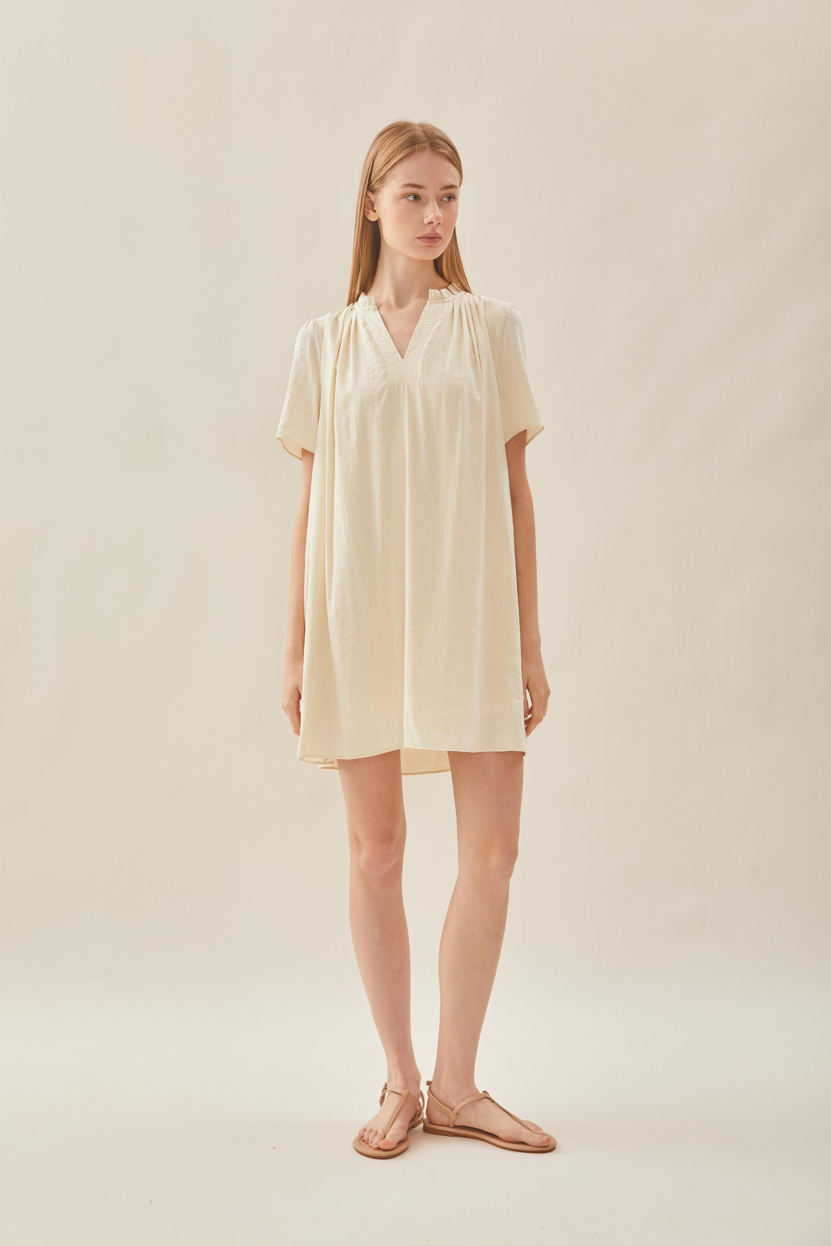 Pleated V Neck Dress in Natural
