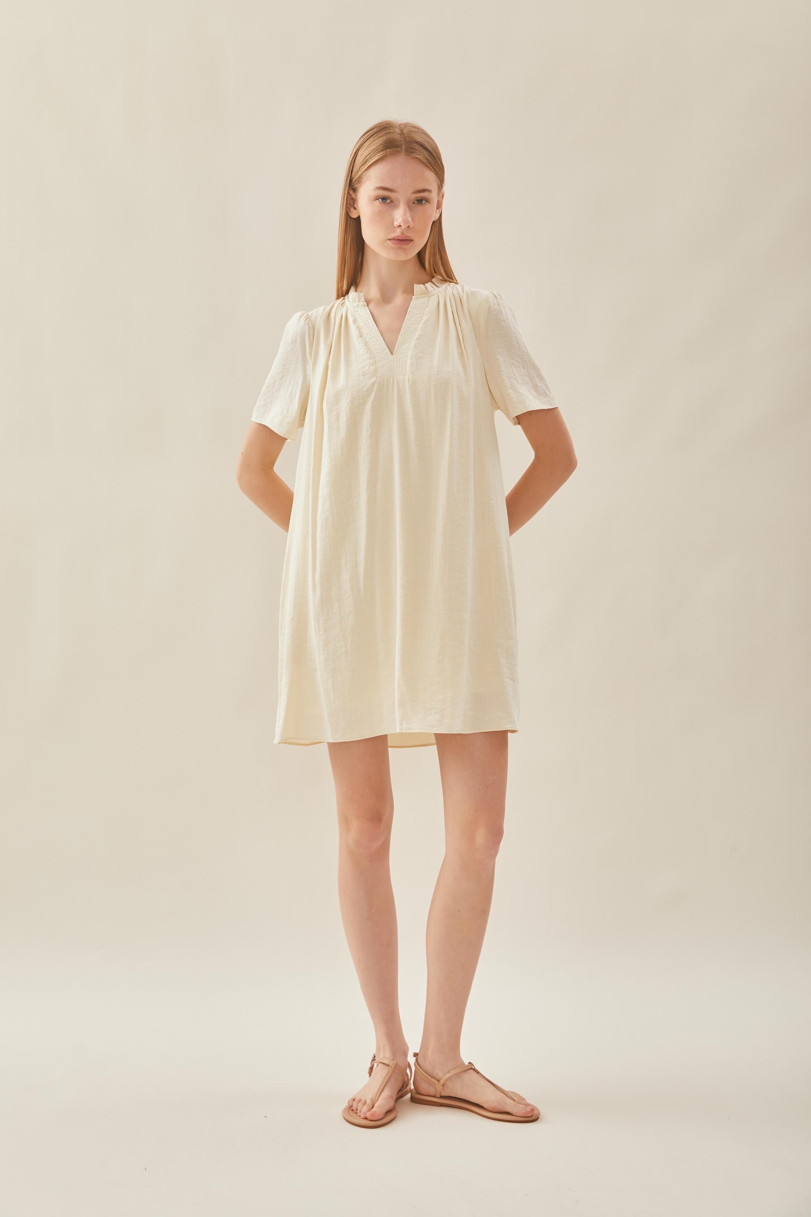 Pleated V Neck Dress in Natural