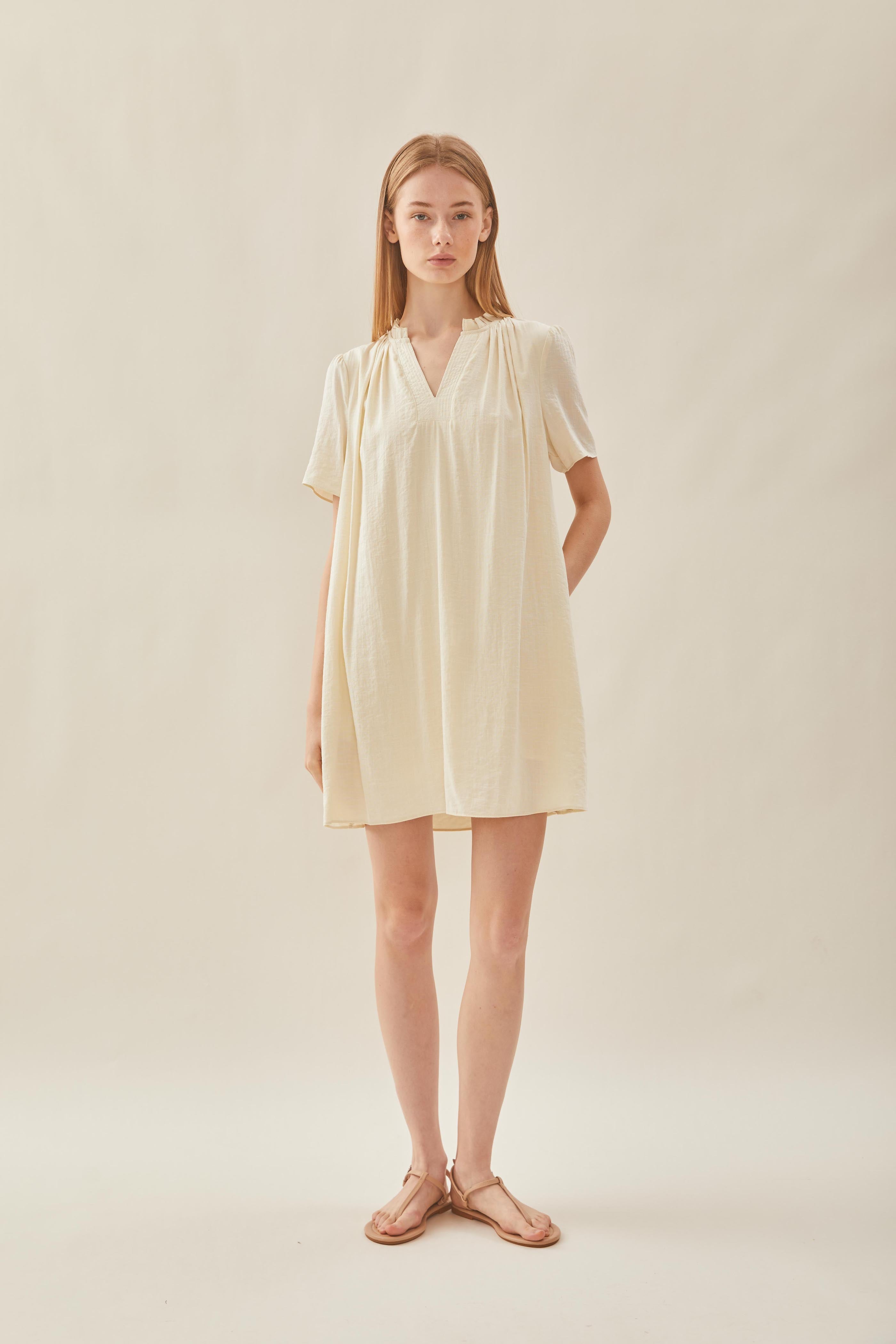 Pleated V Neck Dress in Natural