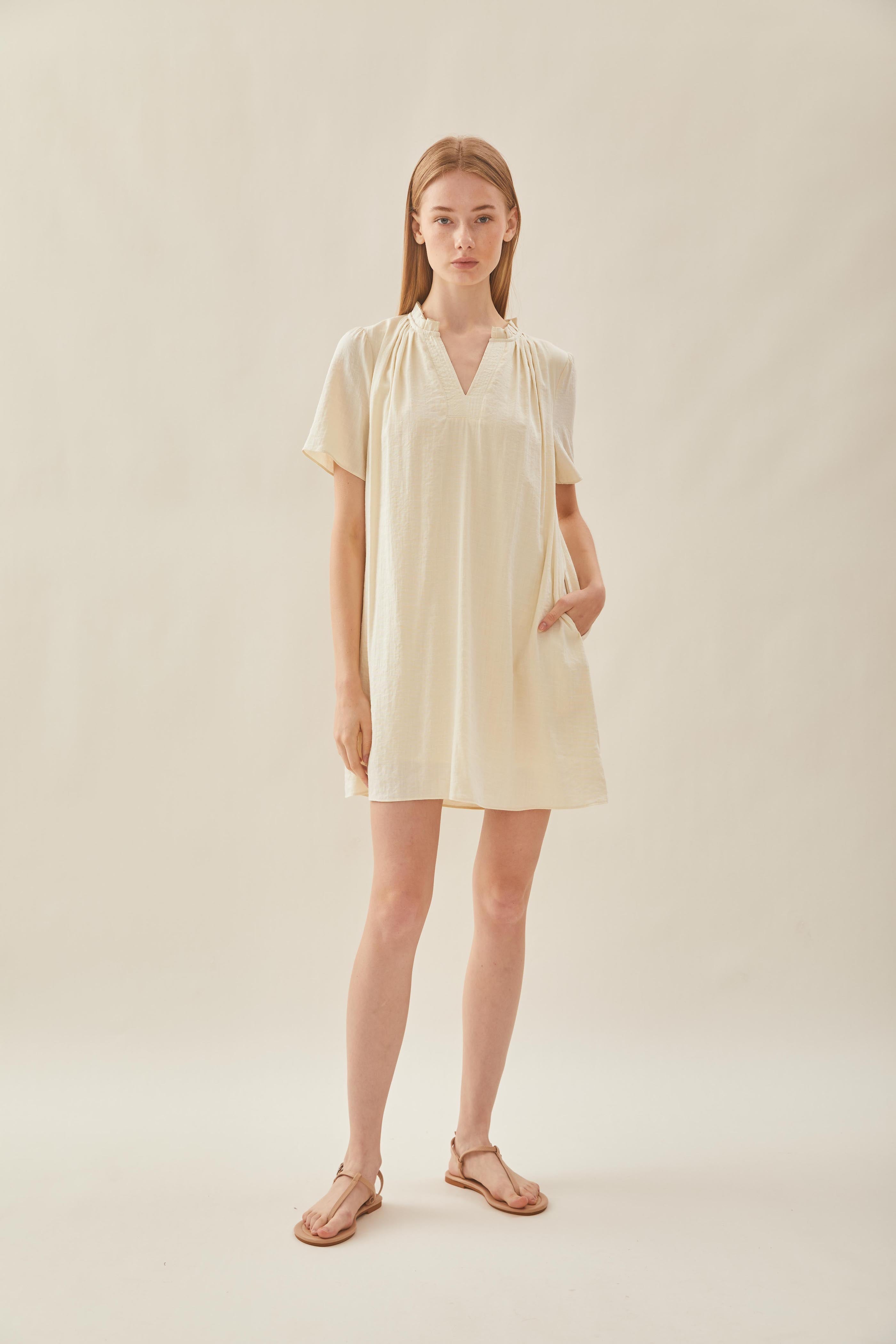Pleated V Neck Dress in Natural
