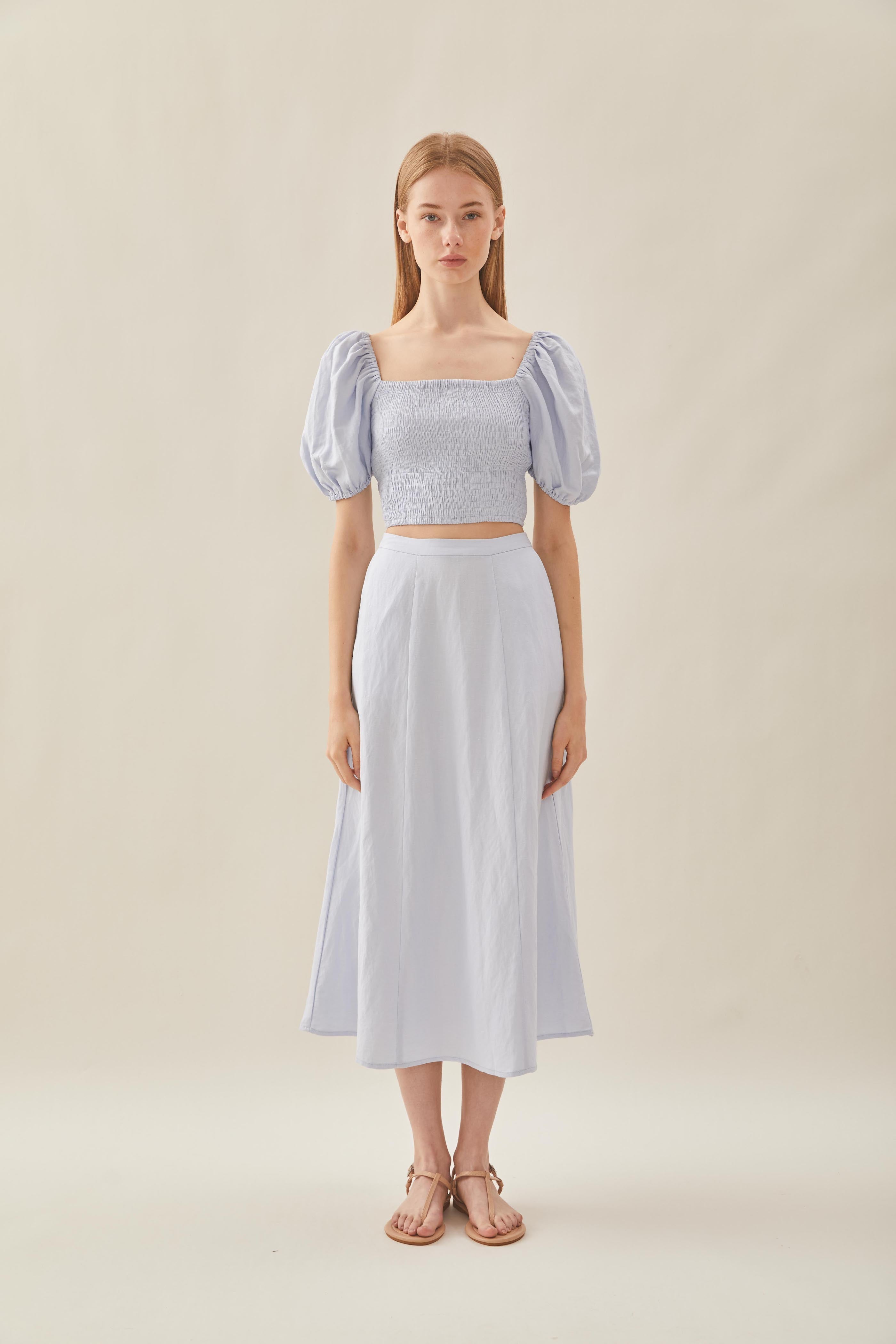 Linen Panelled Midi Skirt in Mist Blue