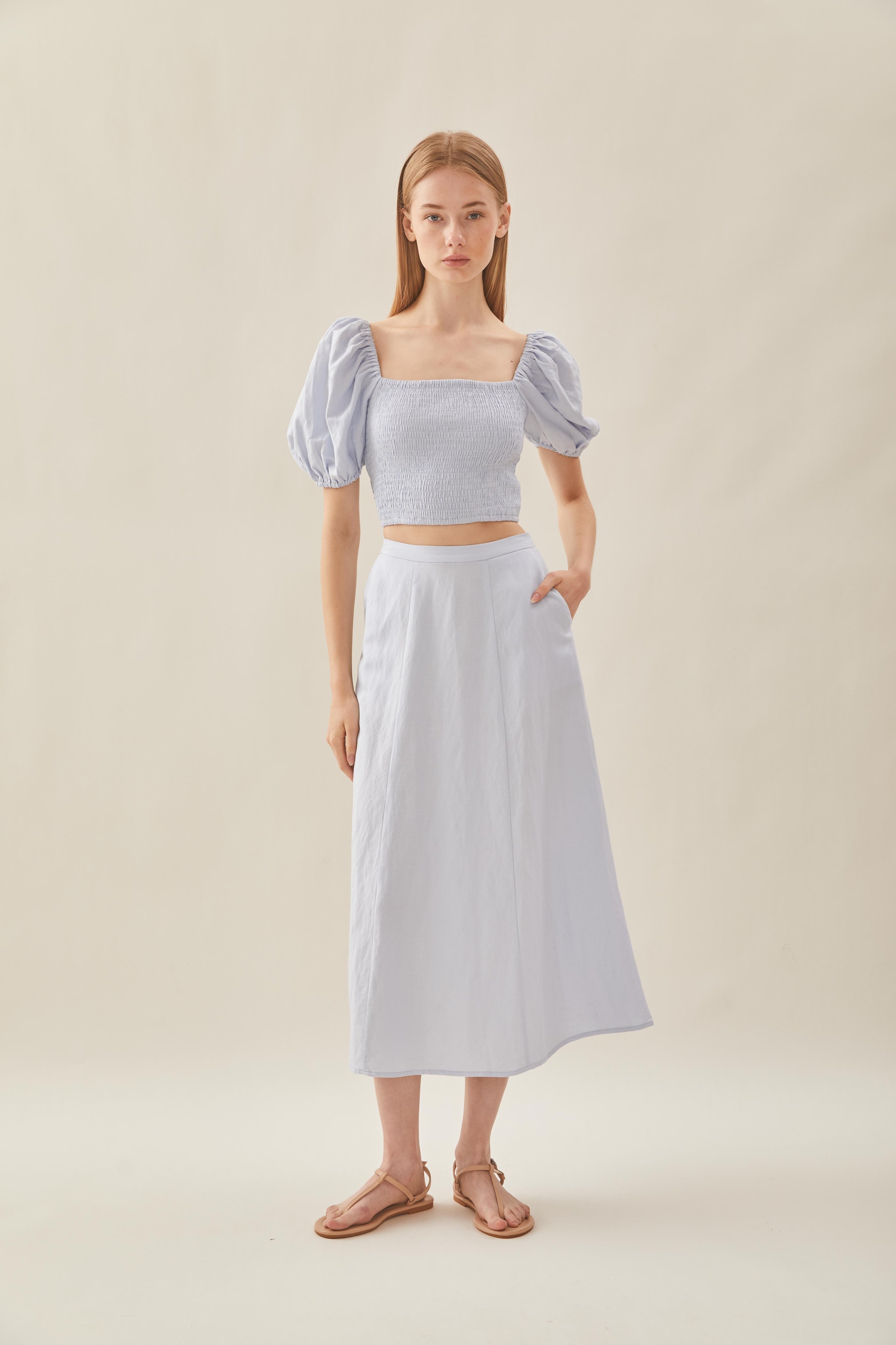 Linen Panelled Midi Skirt in Mist Blue