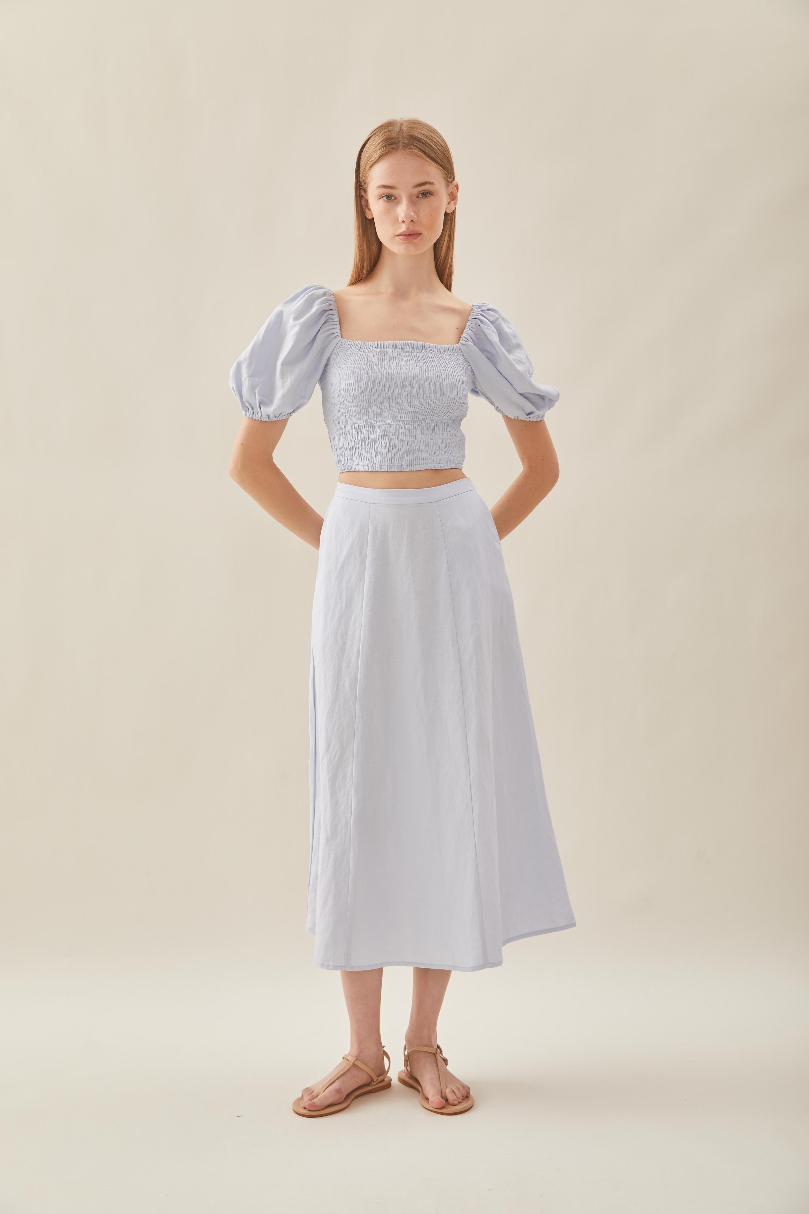 Linen Panelled Midi Skirt in Mist Blue