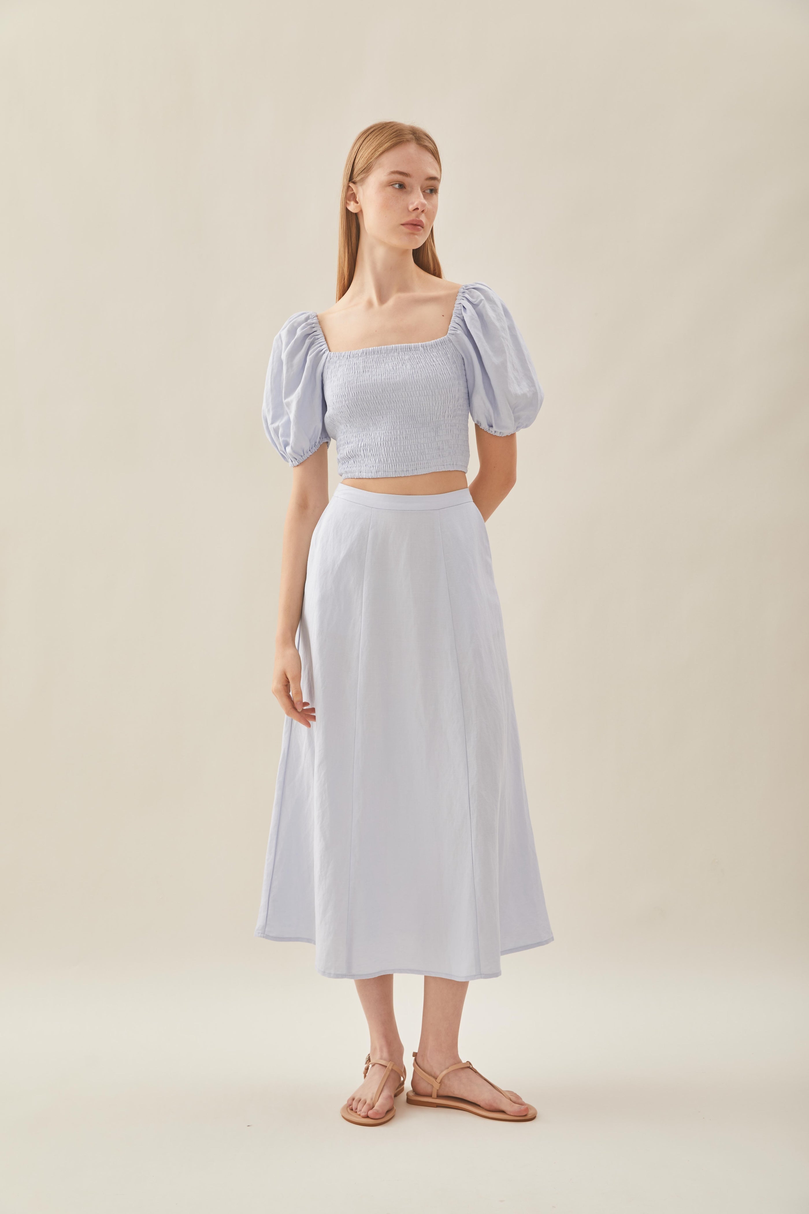 Linen Panelled Midi Skirt in Mist Blue