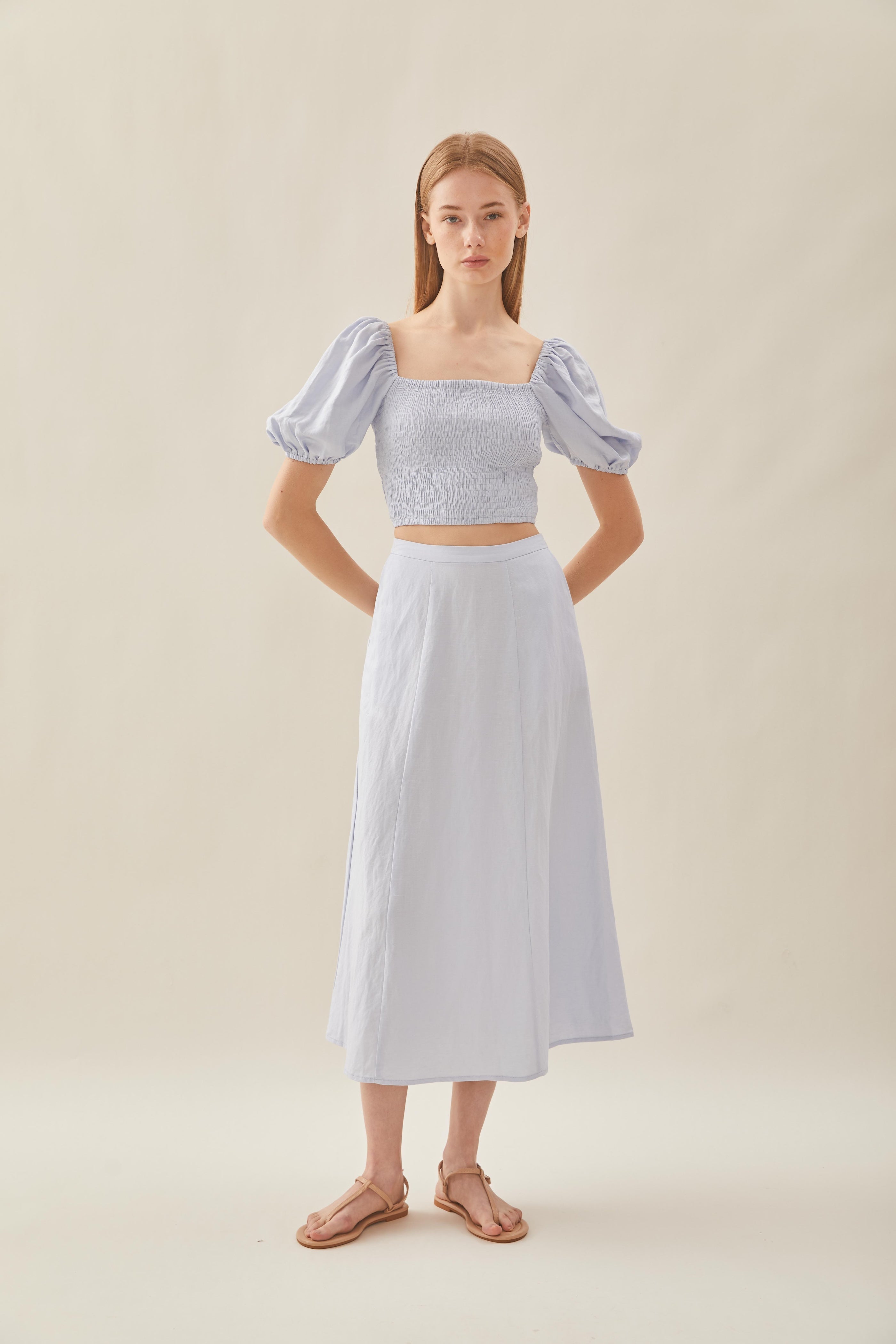 Linen Panelled Midi Skirt in Mist Blue