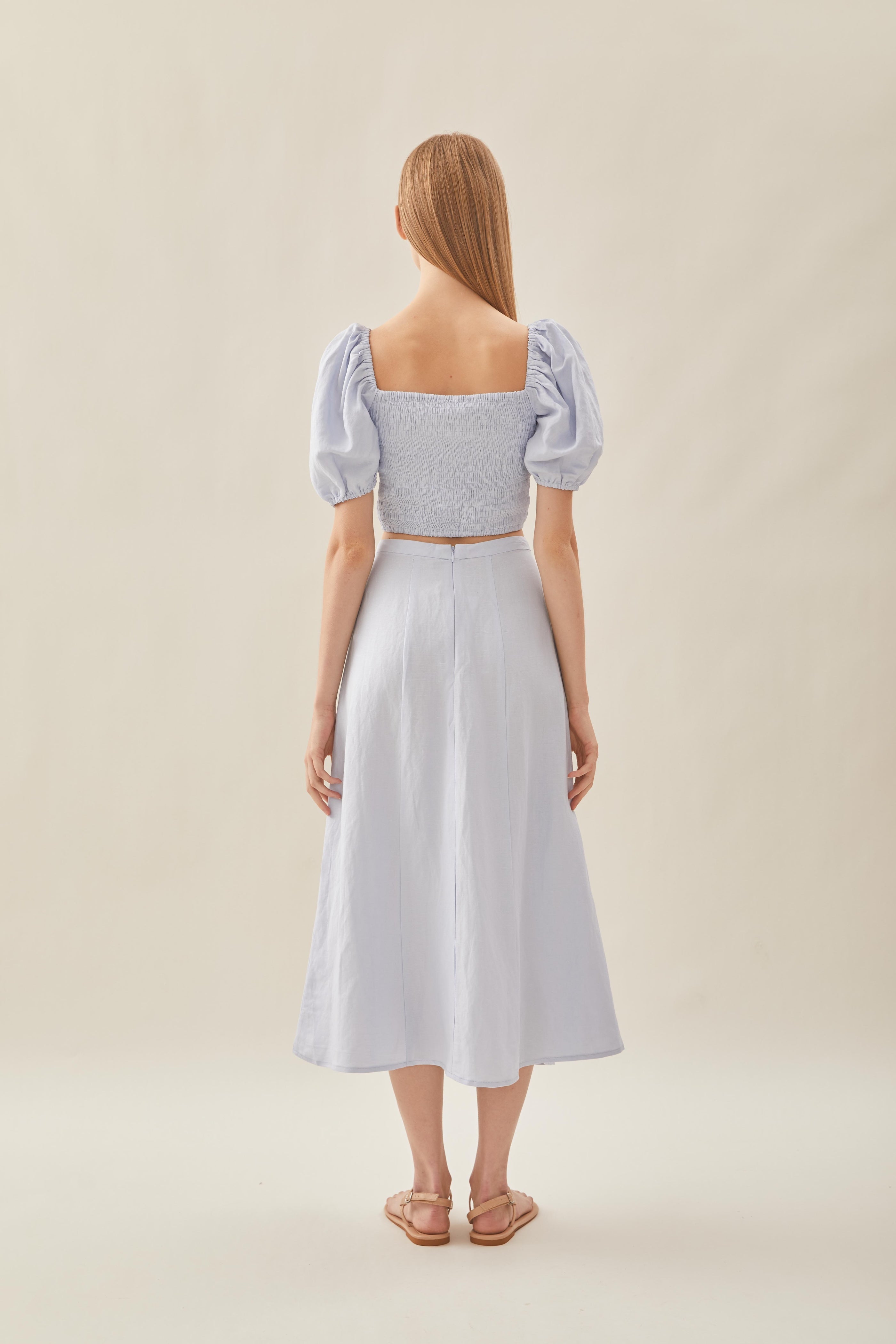 Linen Panelled Midi Skirt in Mist Blue