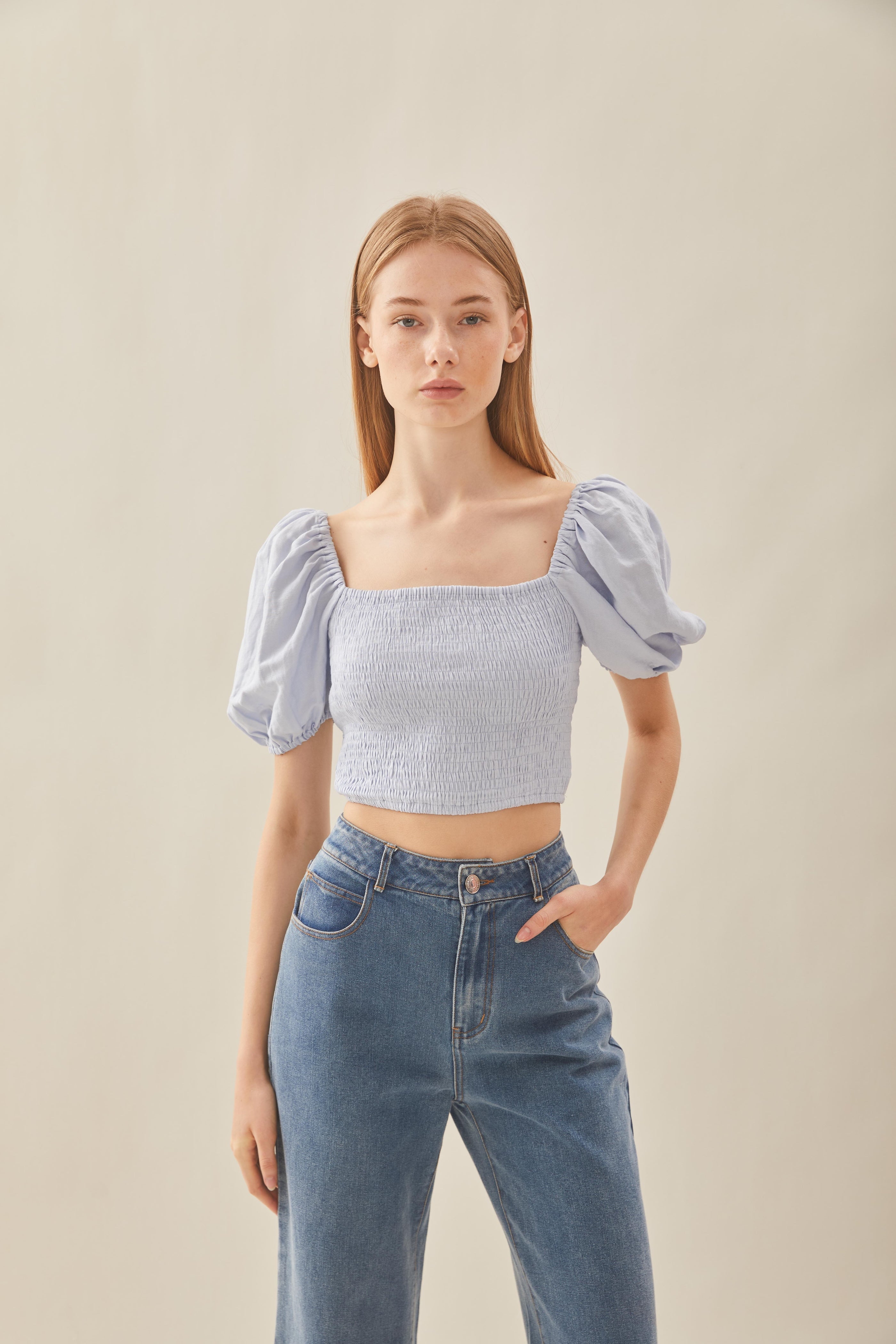 Puffed Sleeved Shirred Top in Mist Blue