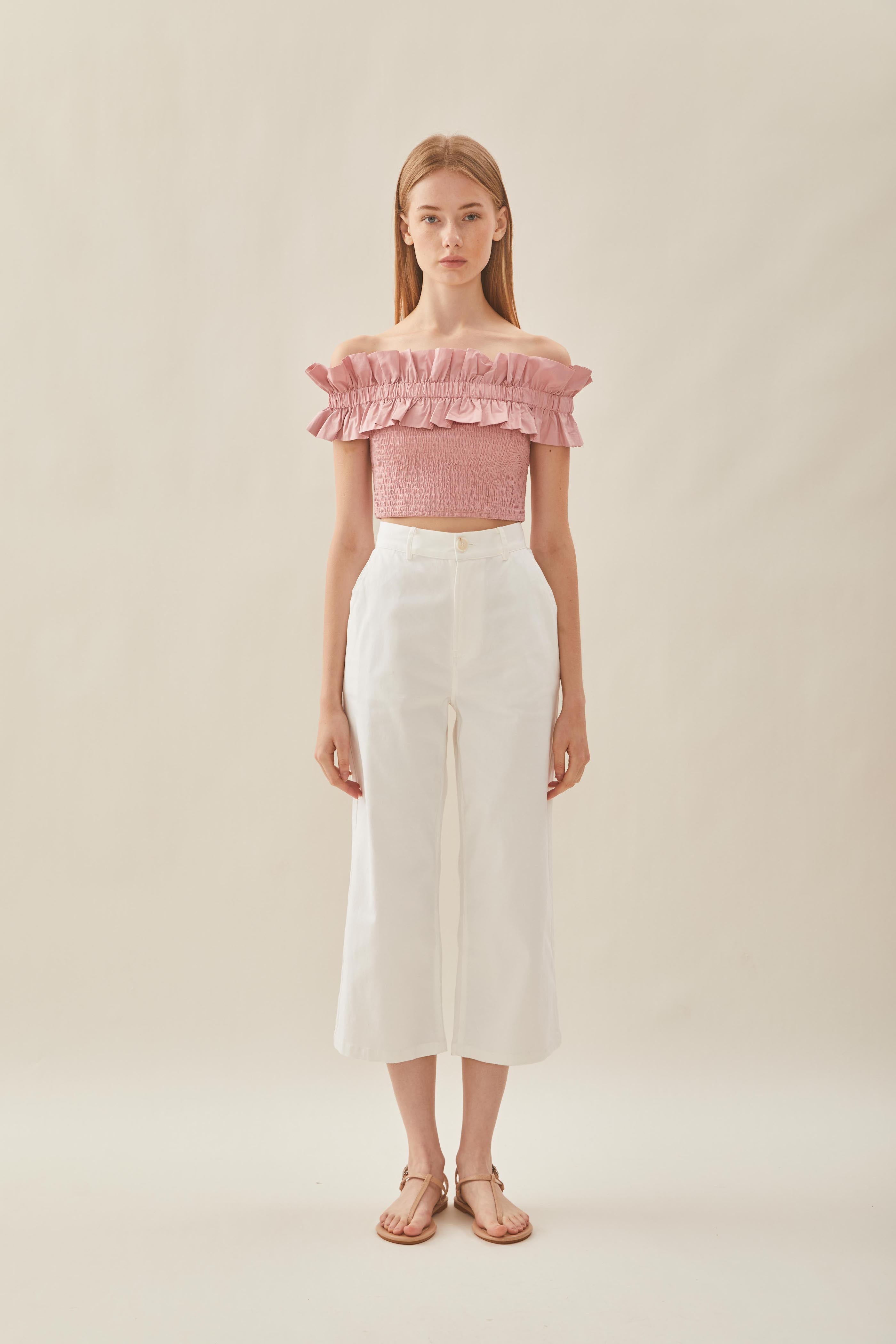 Off Shoulder Top with Ruffles in Tea Rose