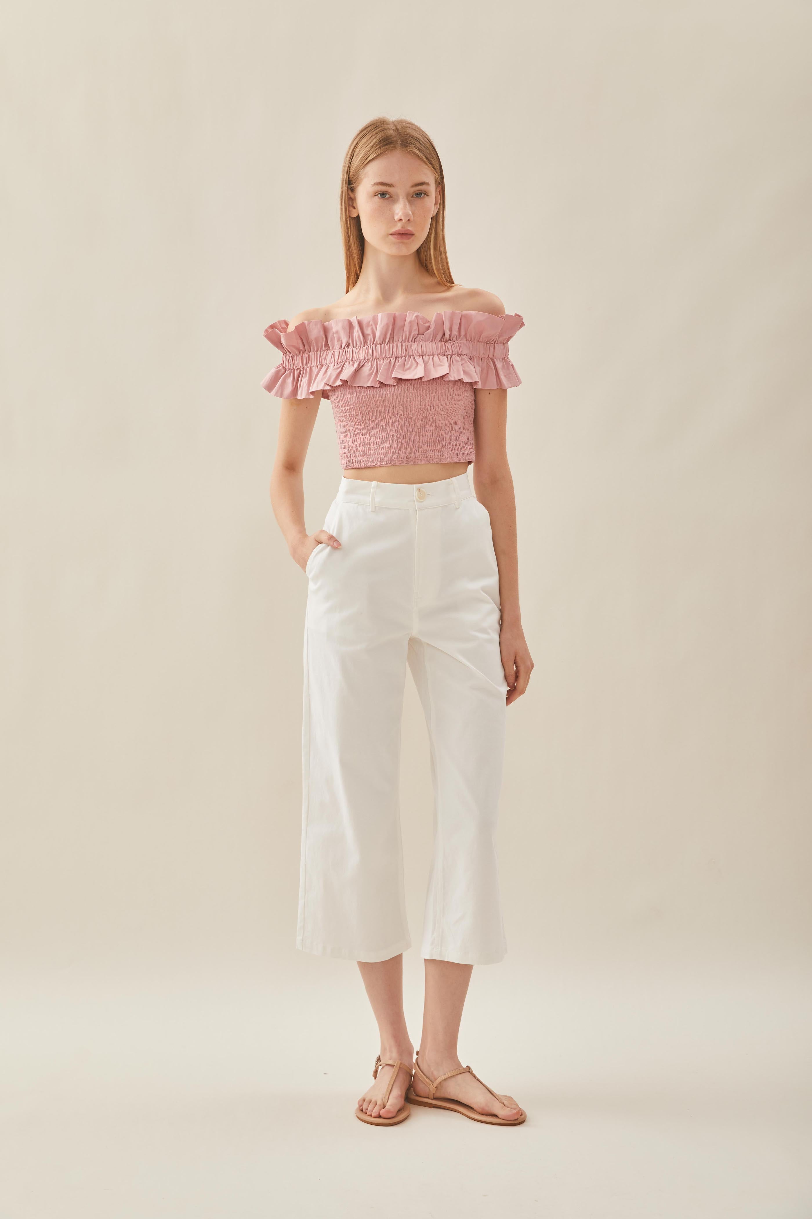 Off Shoulder Top with Ruffles in Tea Rose