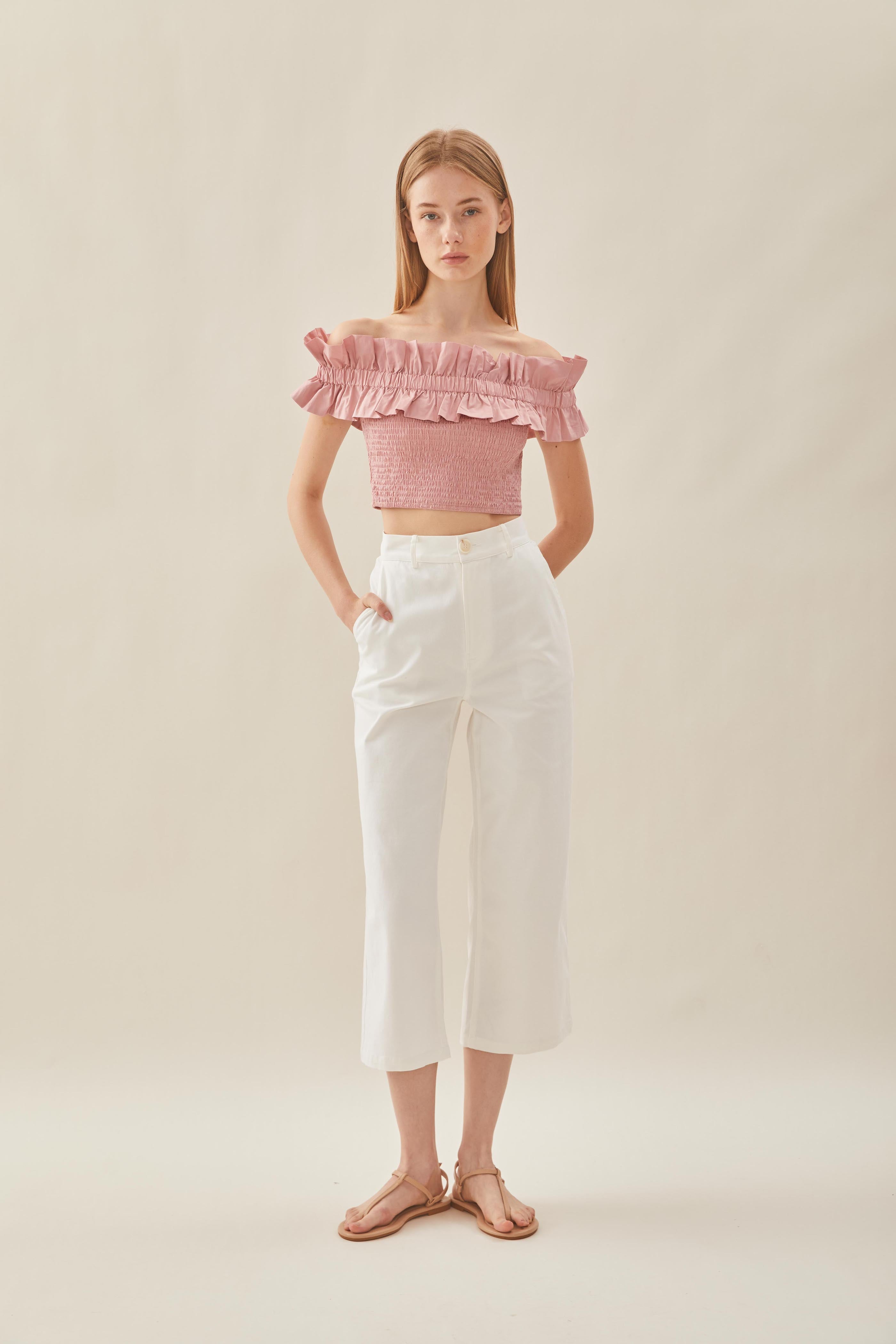 Off Shoulder Top with Ruffles in Tea Rose