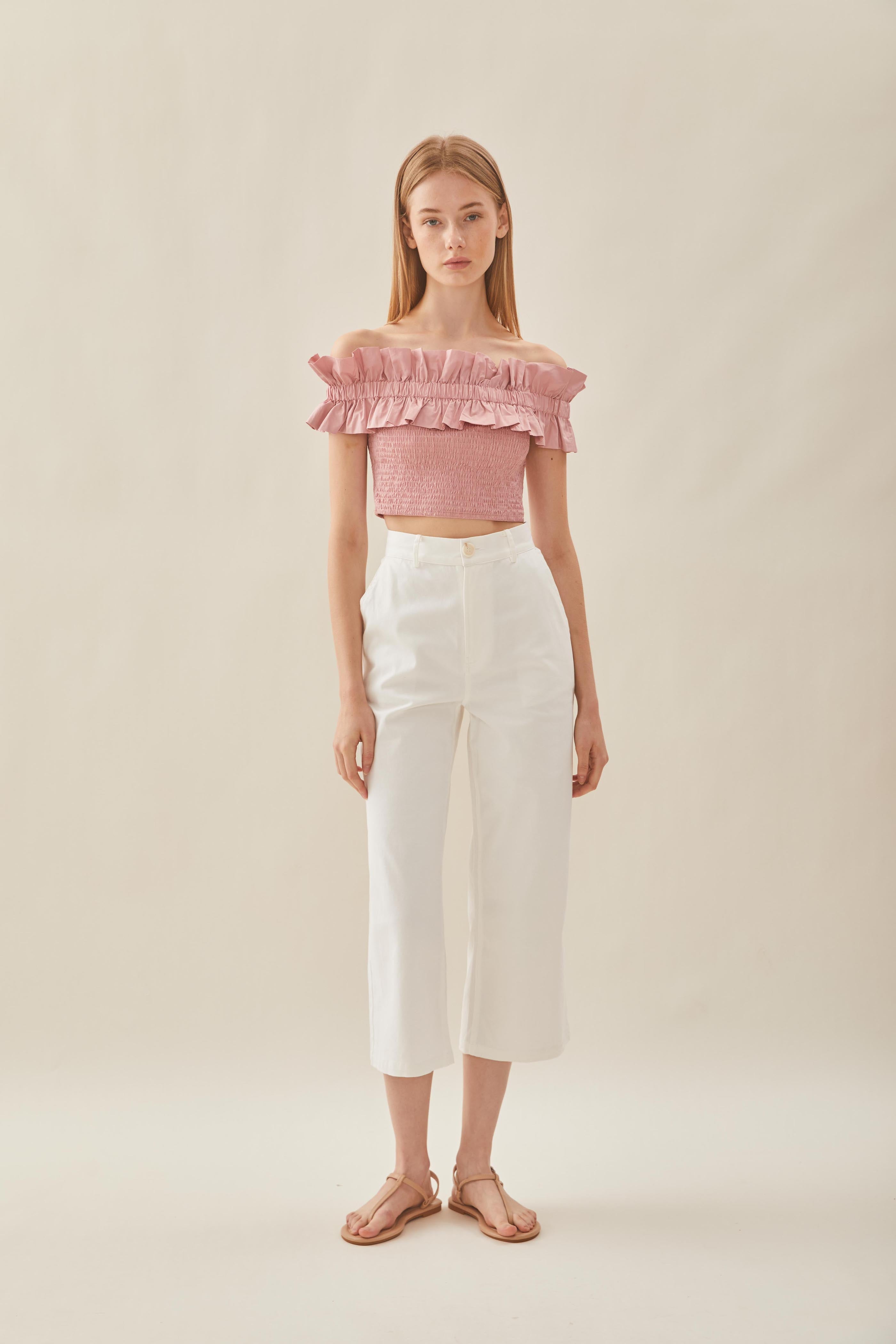 Off Shoulder Top with Ruffles in Tea Rose