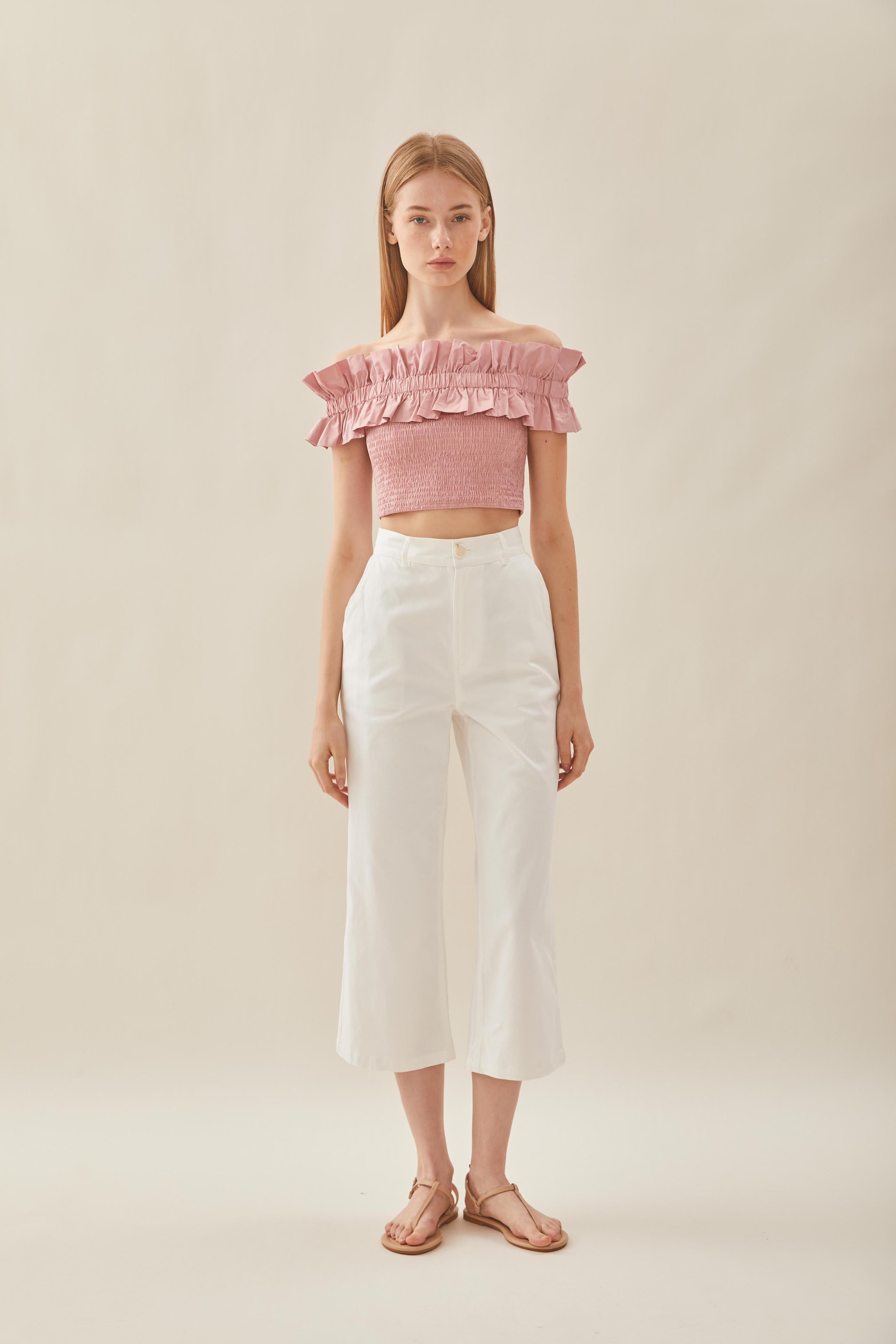 Off Shoulder Top with Ruffles in Tea Rose
