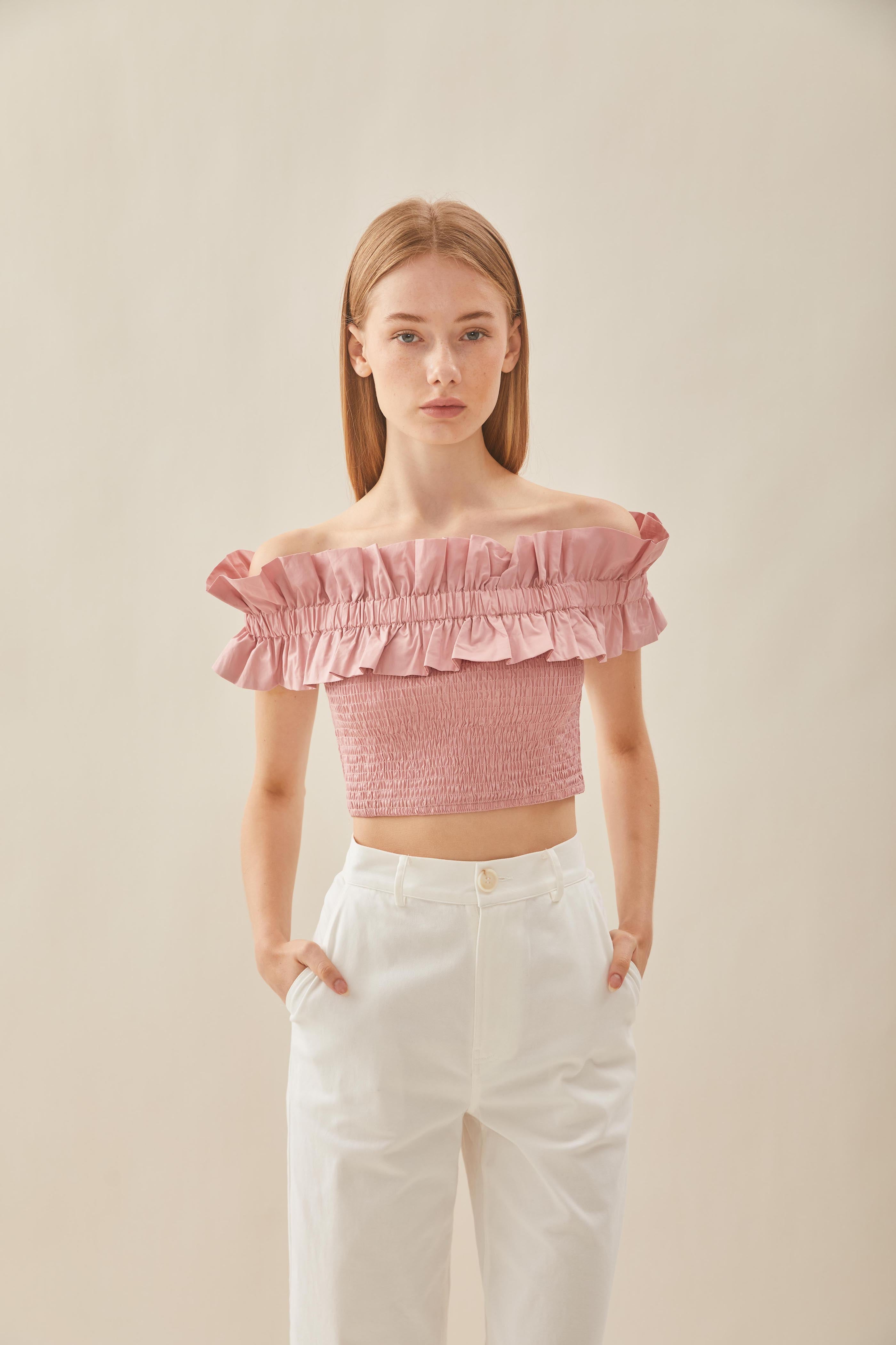 Off Shoulder Top with Ruffles in Tea Rose
