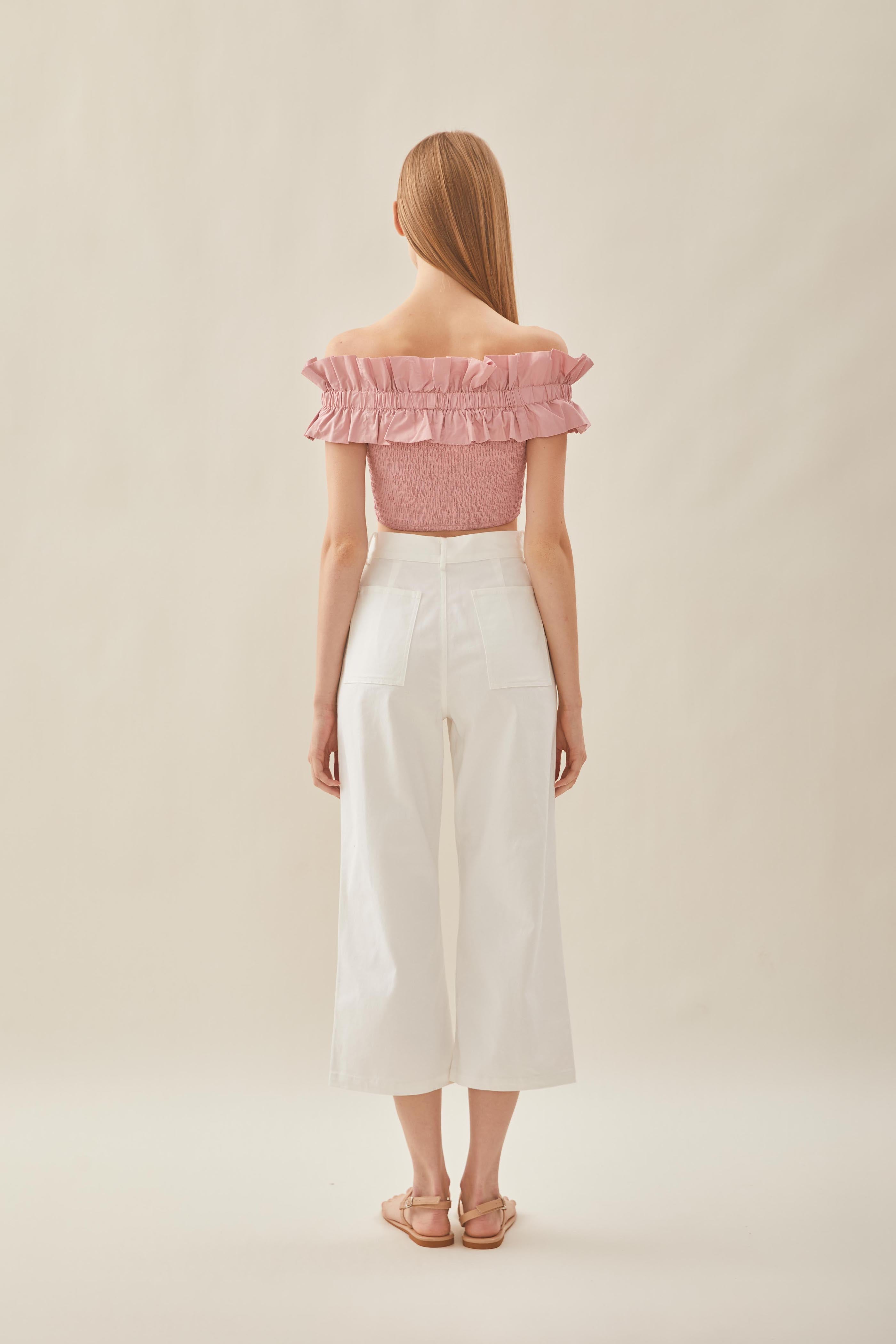 Off Shoulder Top with Ruffles in Tea Rose