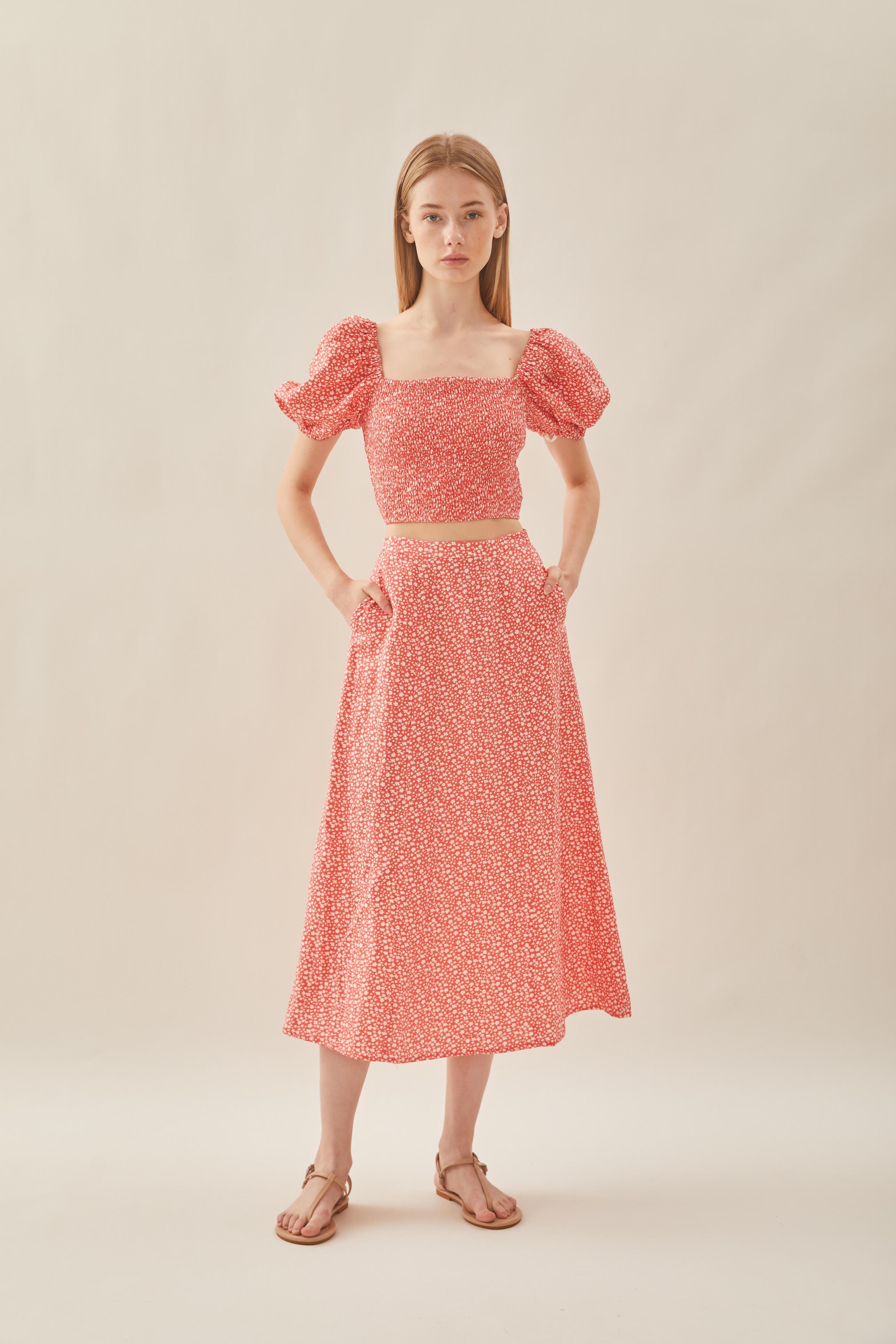 Linen Panelled Midi Skirt in Red Bloom