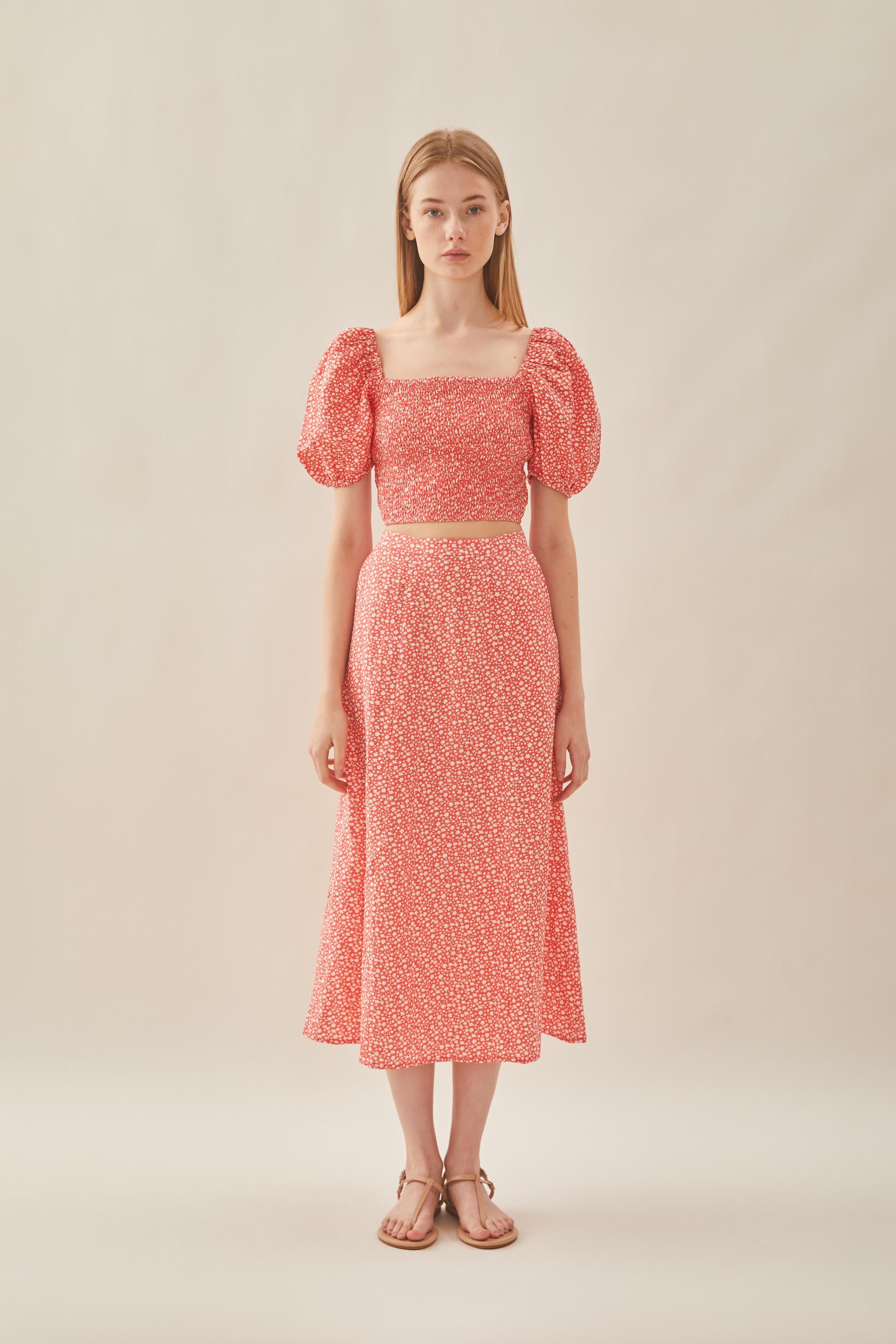 Linen Panelled Midi Skirt in Red Bloom