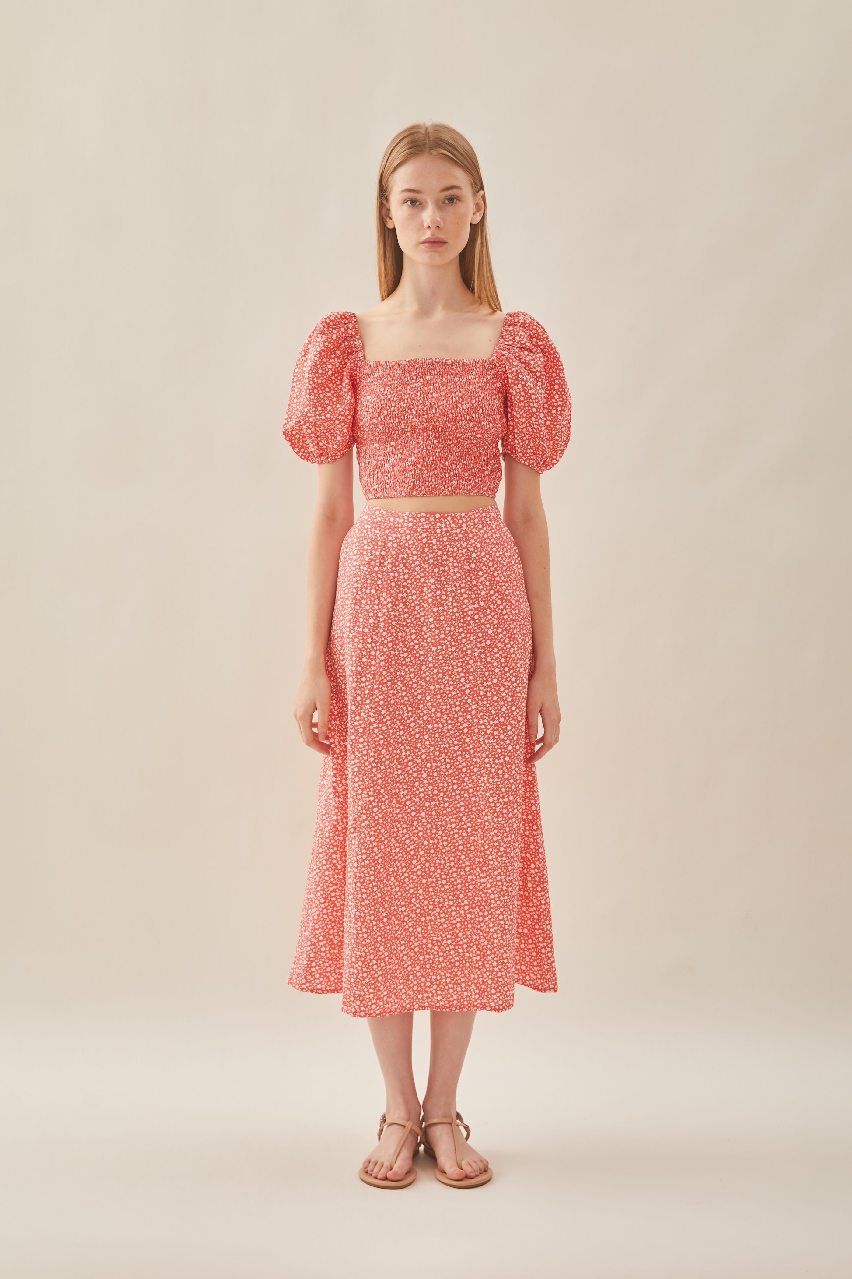 Linen Panelled Midi Skirt in Red Bloom