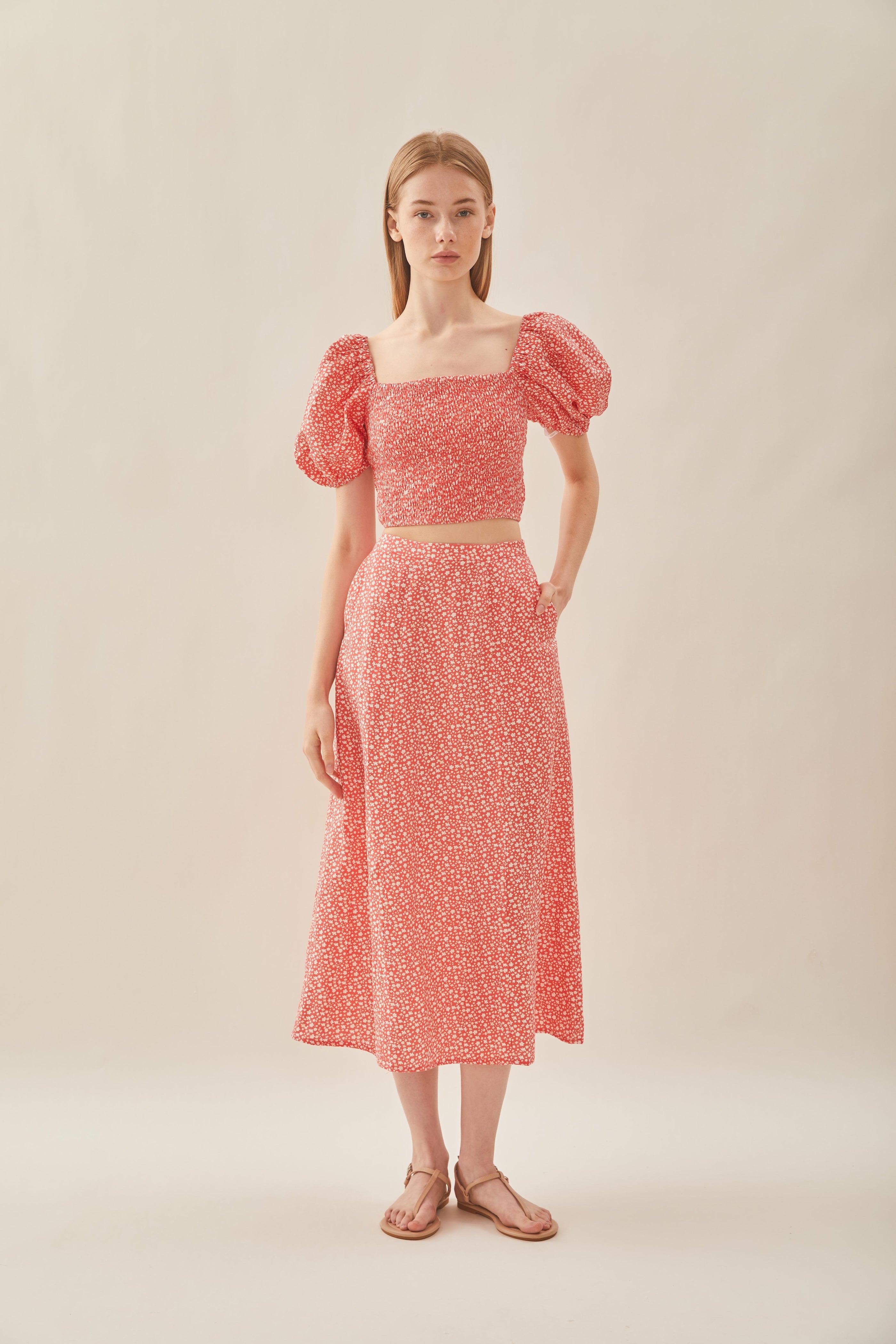 Linen Panelled Midi Skirt in Red Bloom