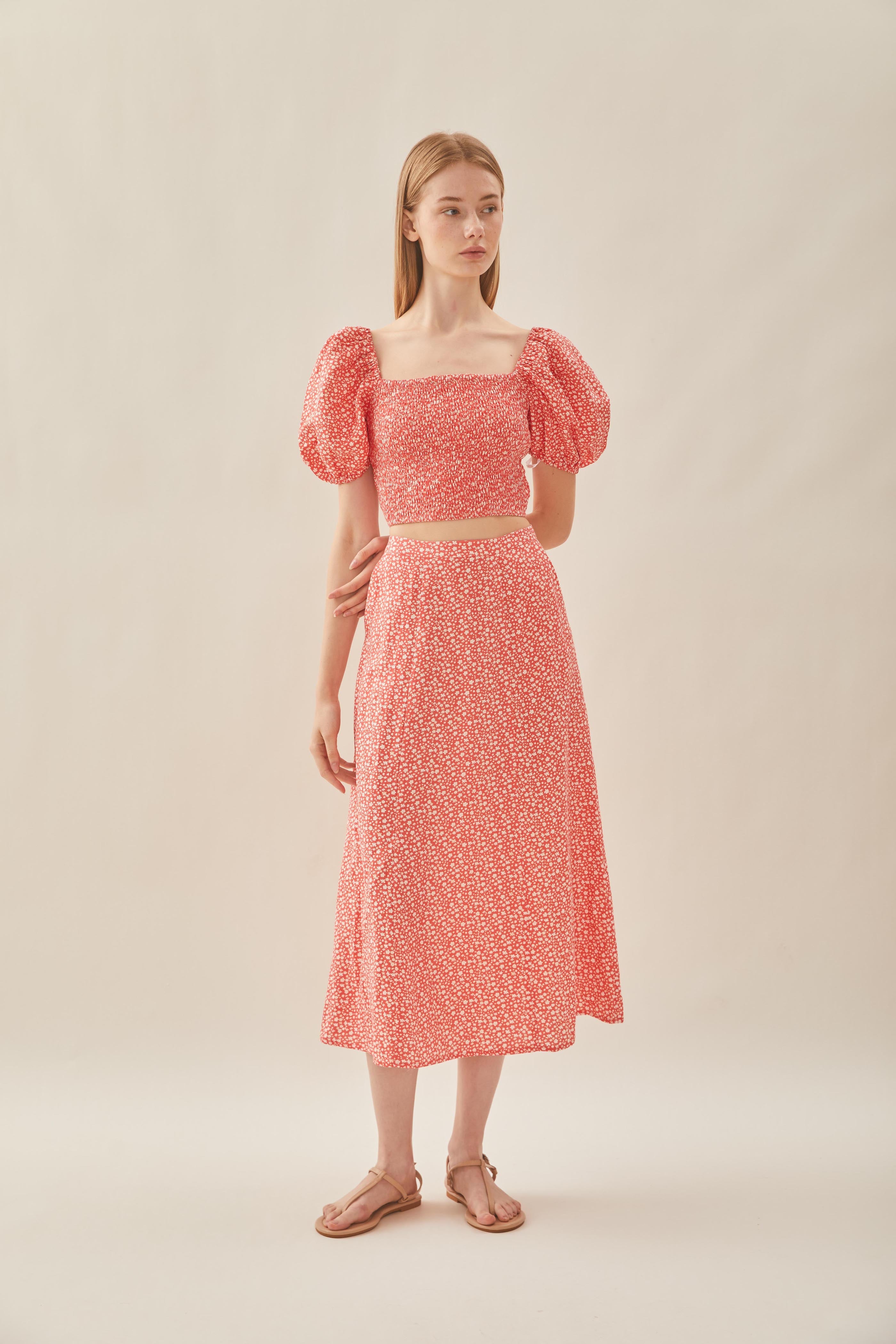 Linen Panelled Midi Skirt in Red Bloom