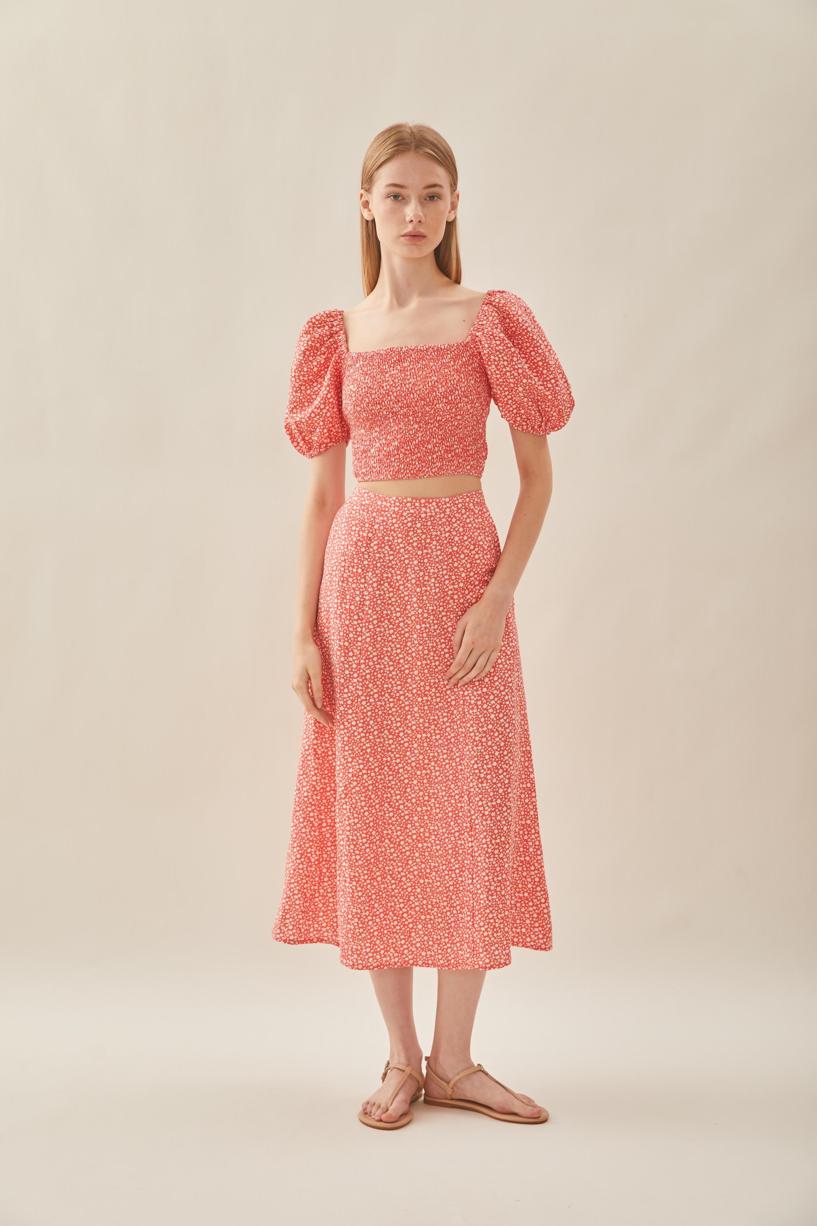 Linen Panelled Midi Skirt in Red Bloom