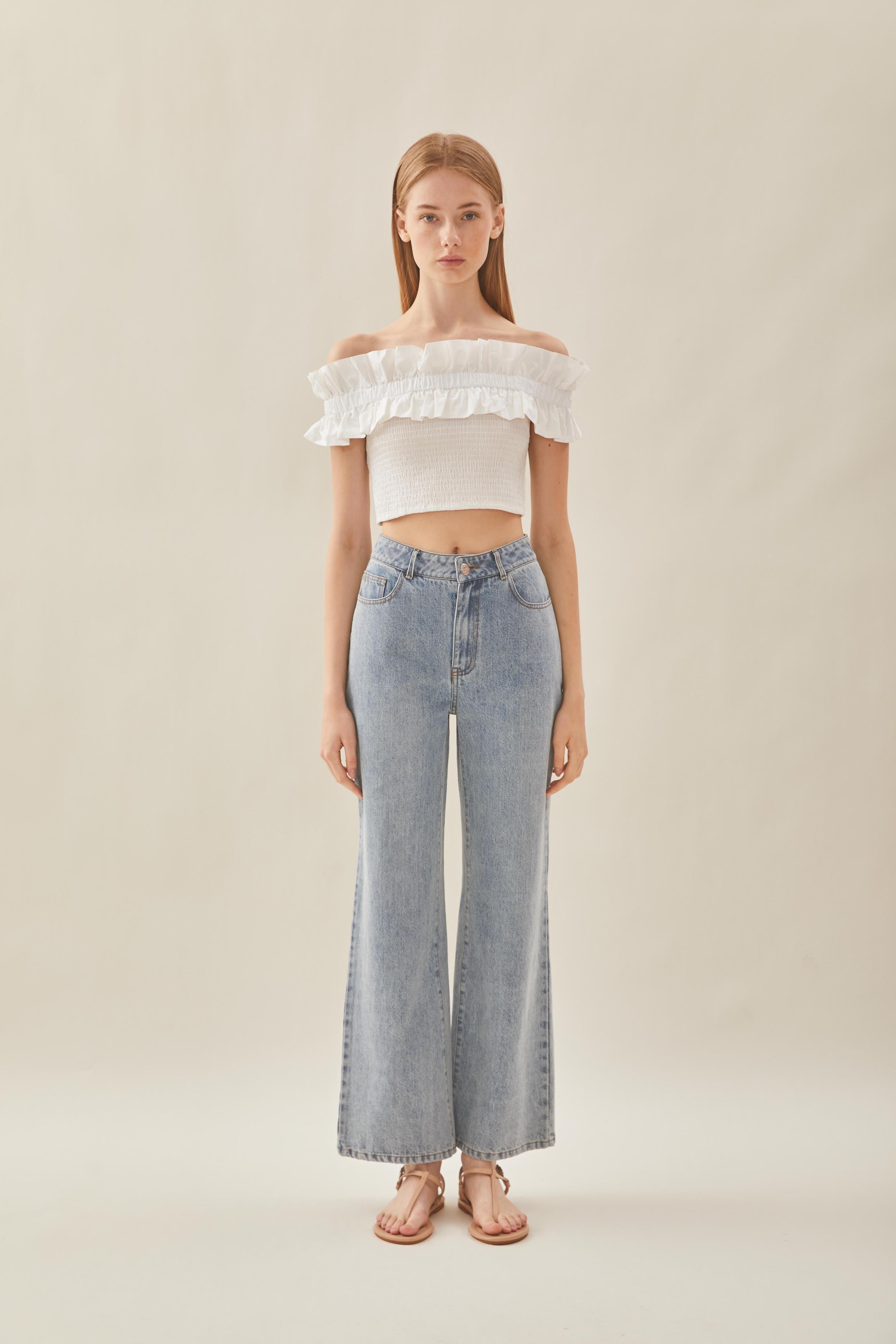 Off Shoulder Top with Ruffles in White