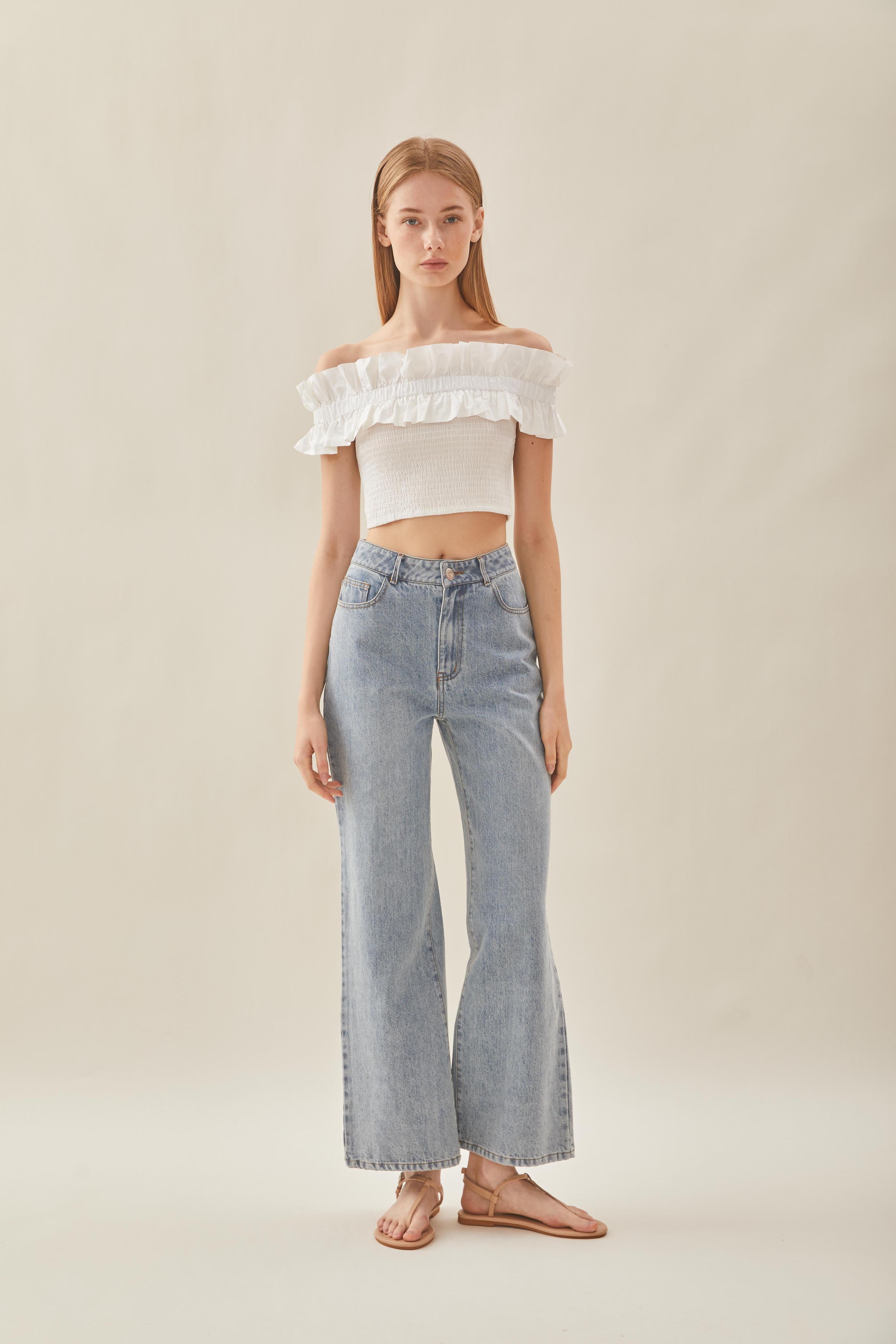 Off Shoulder Top with Ruffles in White