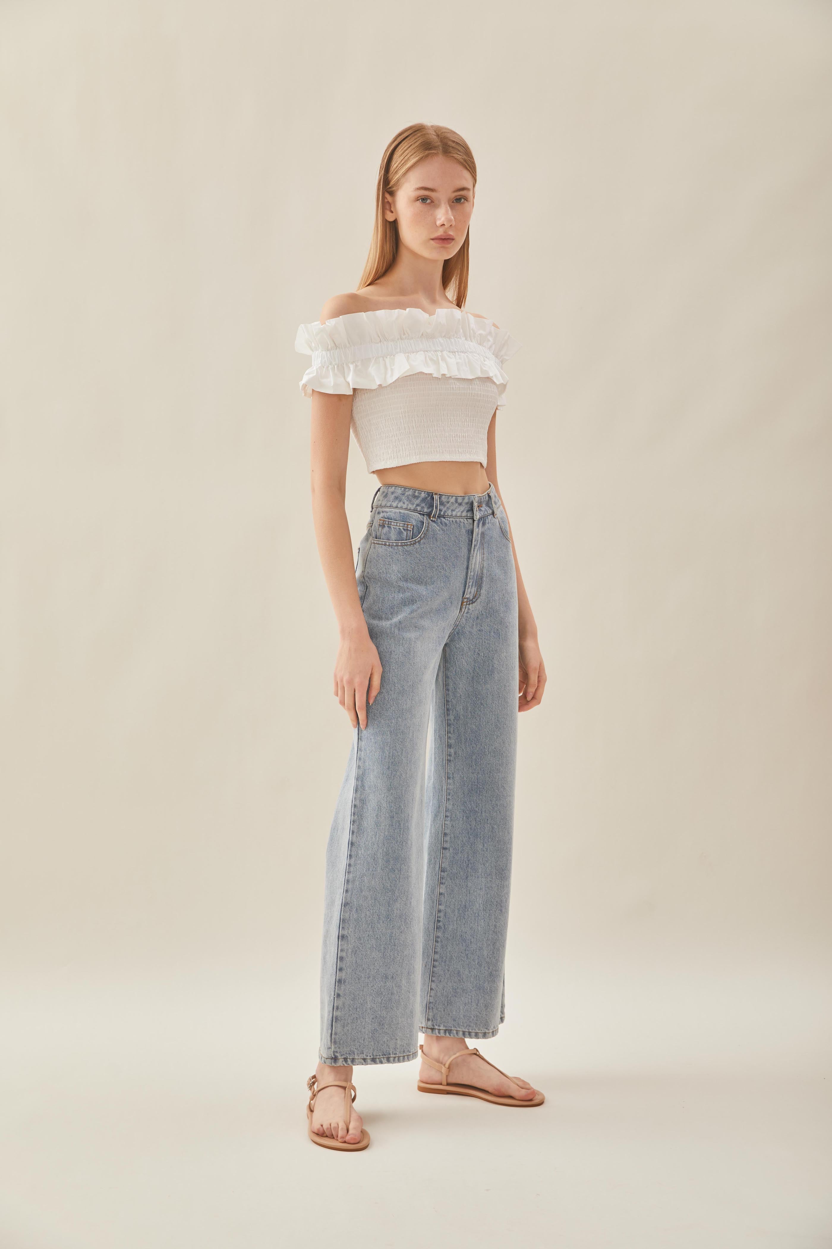 Off Shoulder Top with Ruffles in White