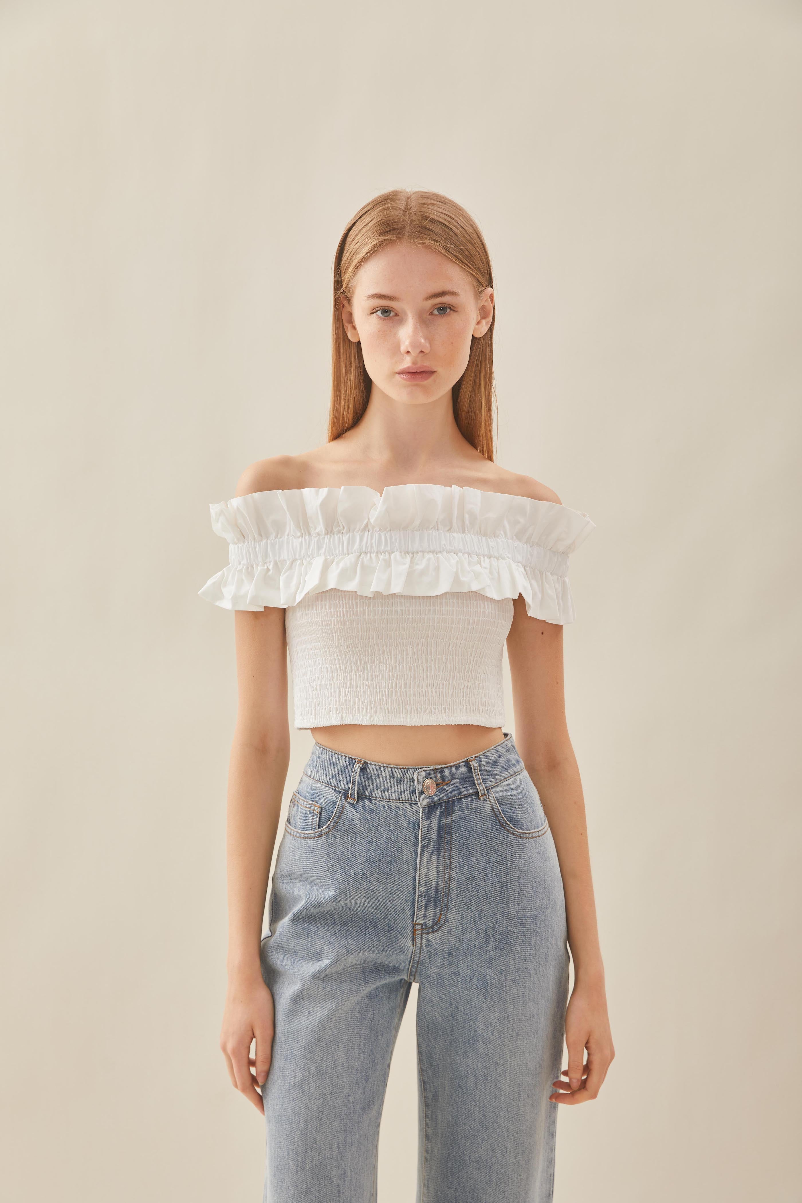 Off Shoulder Top with Ruffles in White