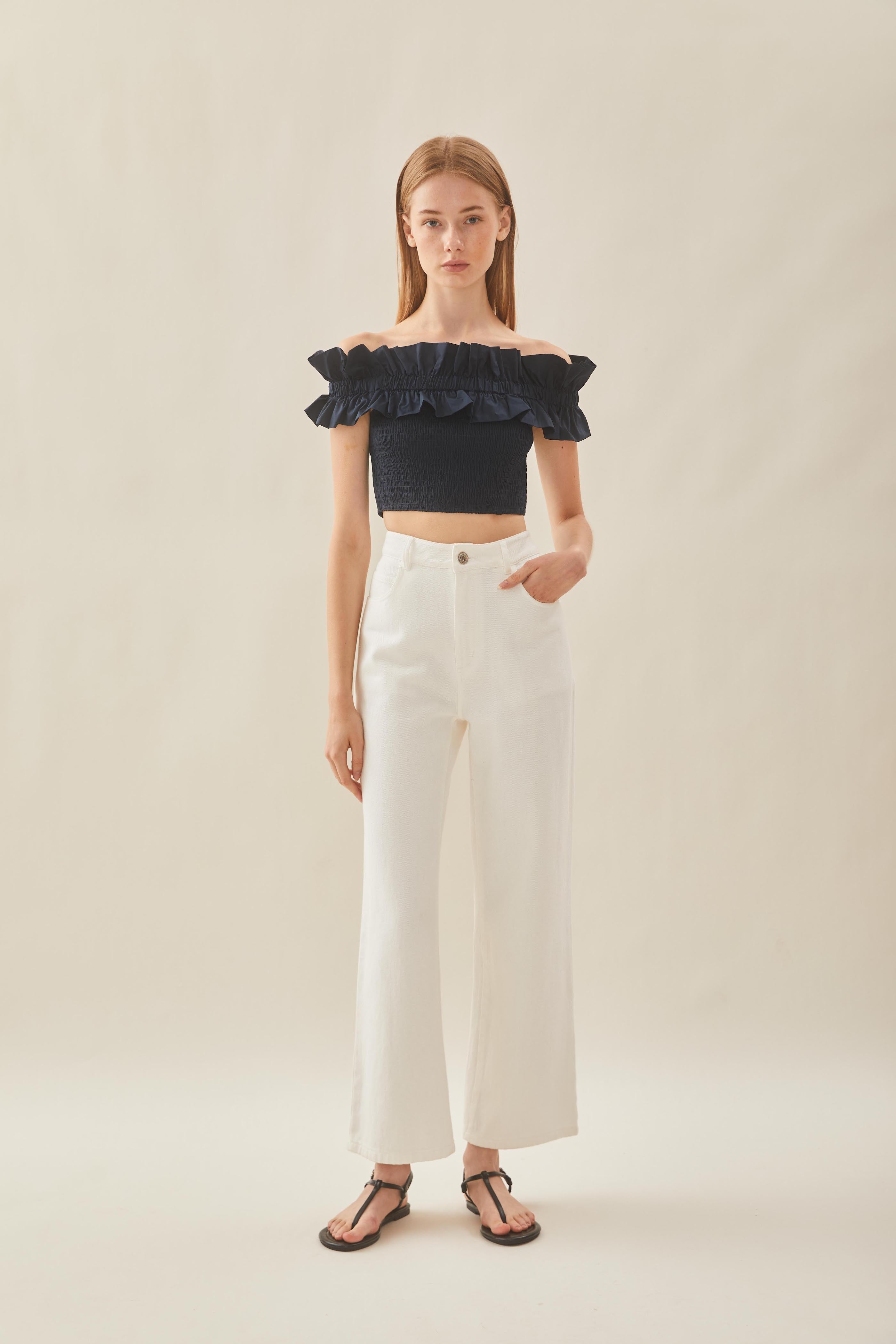 Off Shoulder Top in Ruffles in Midnight