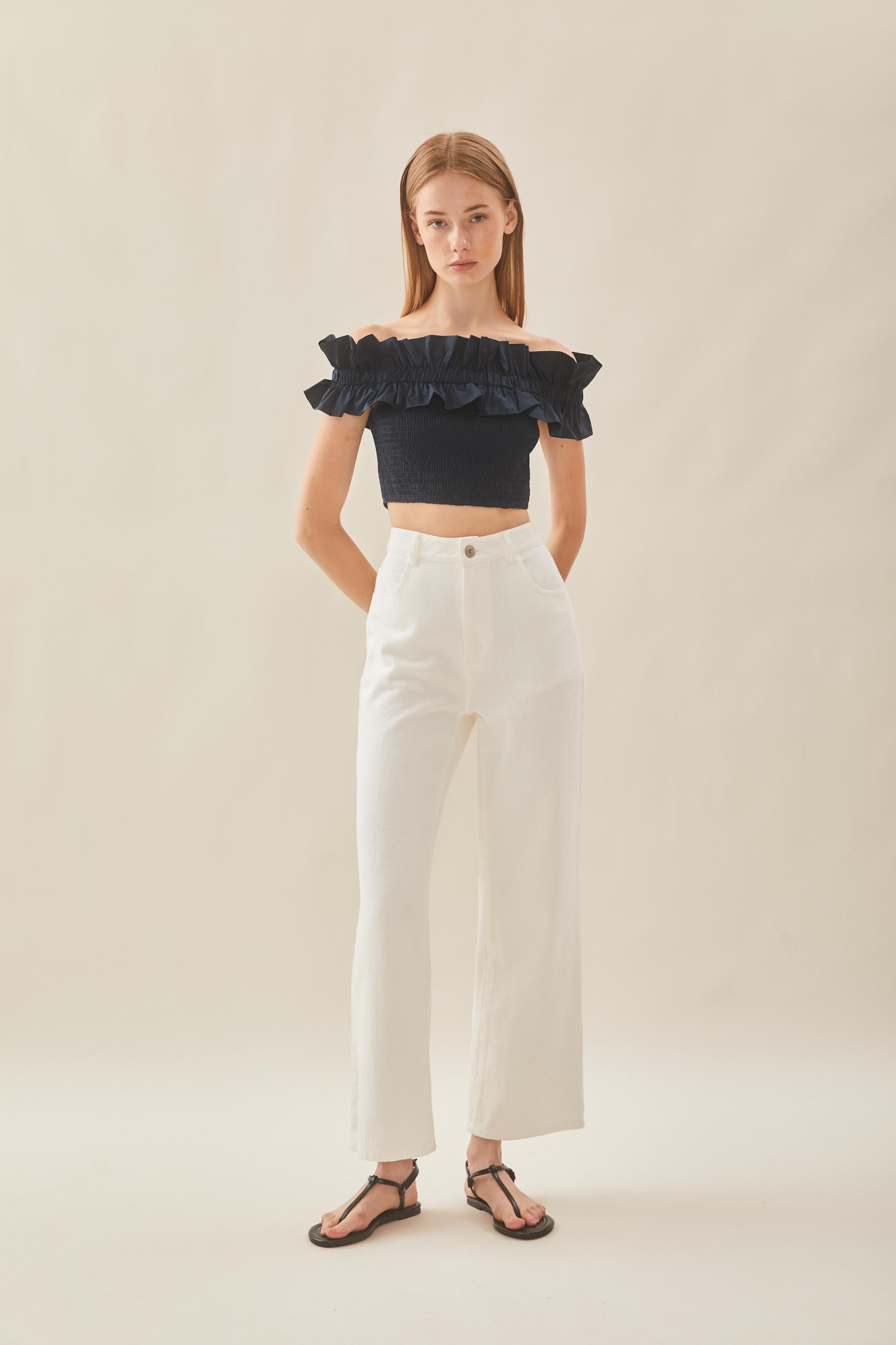 Off Shoulder Top in Ruffles in Midnight