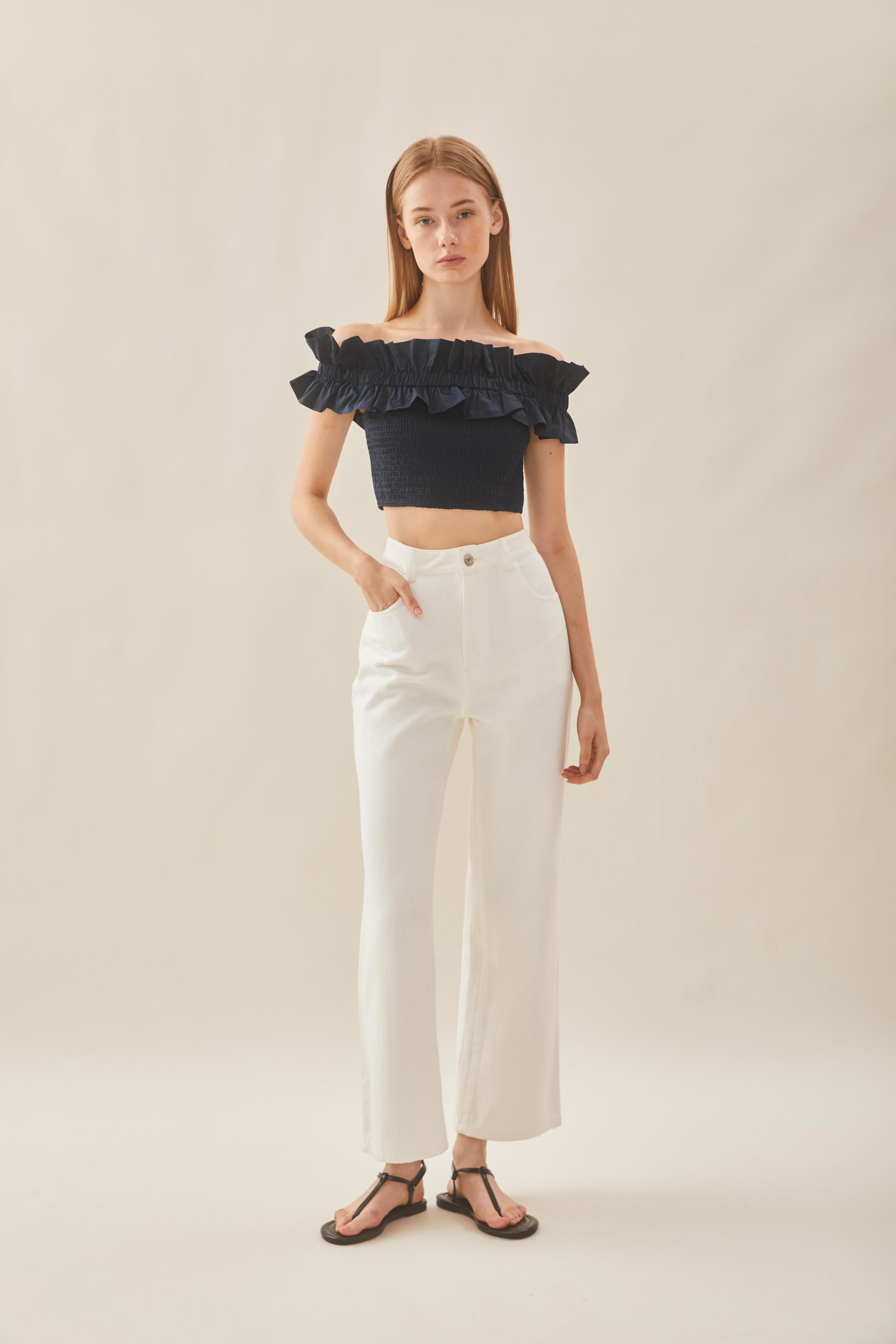 Off Shoulder Top in Ruffles in Midnight