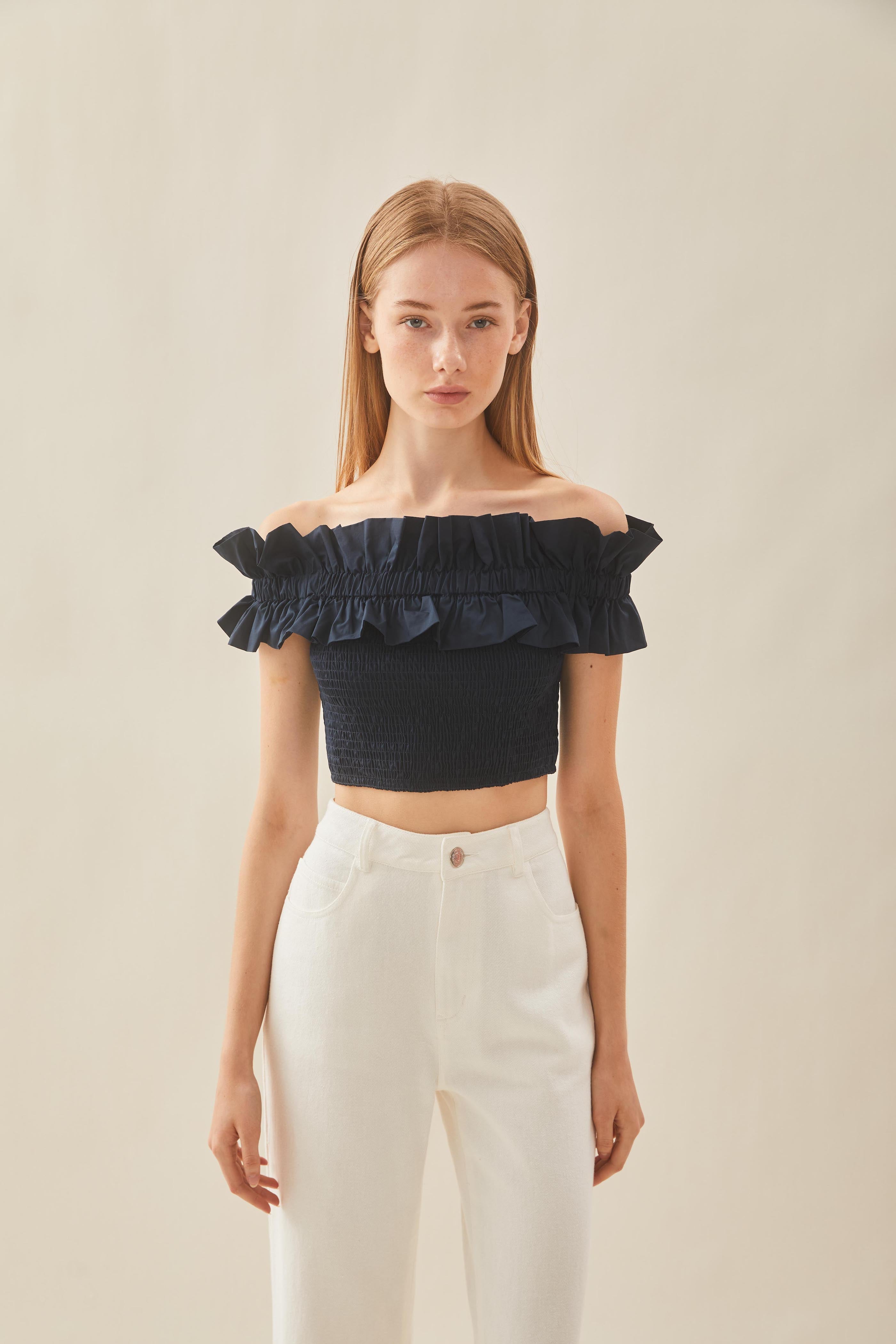 Off Shoulder Top in Ruffles in Midnight