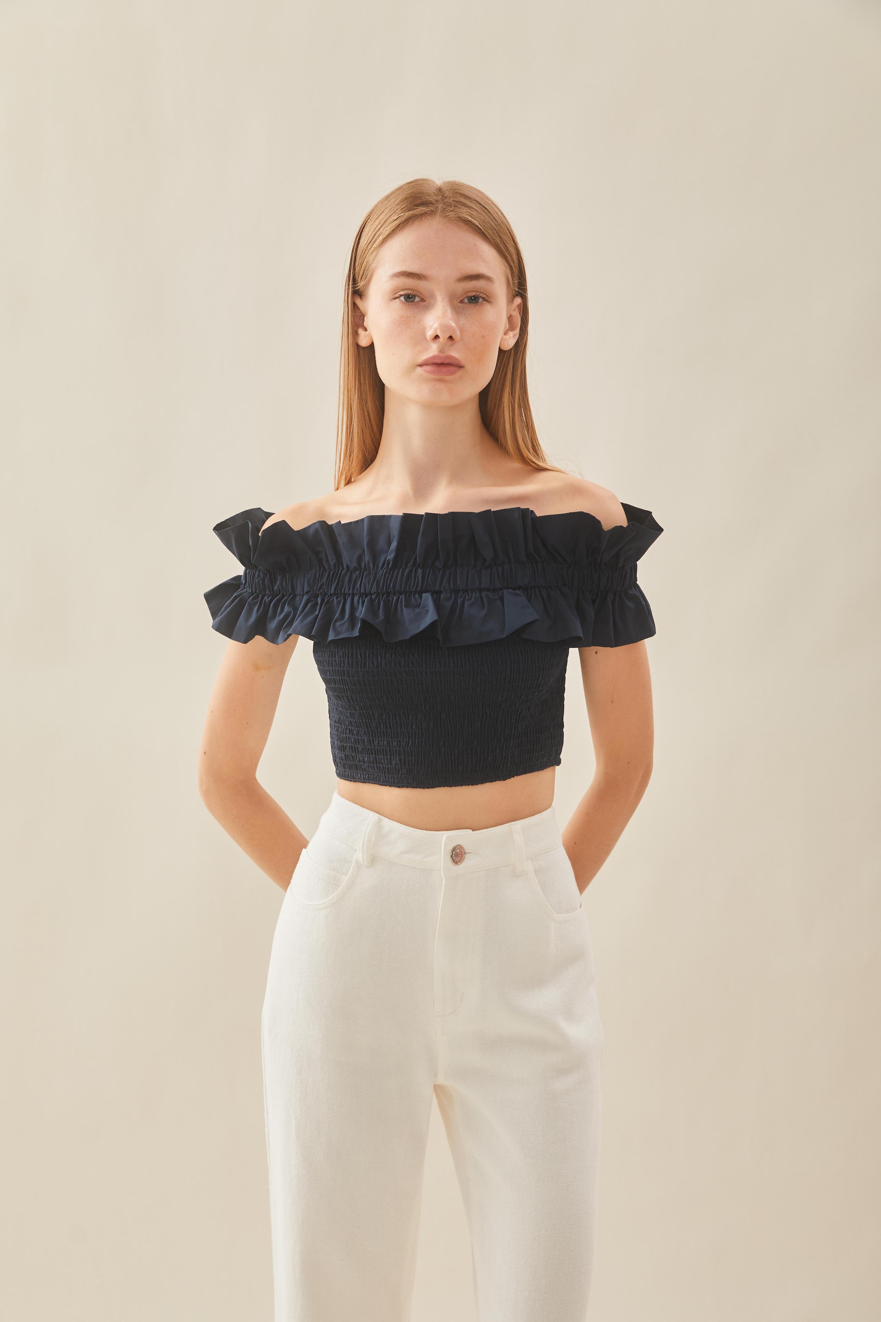 Off Shoulder Top in Ruffles in Midnight