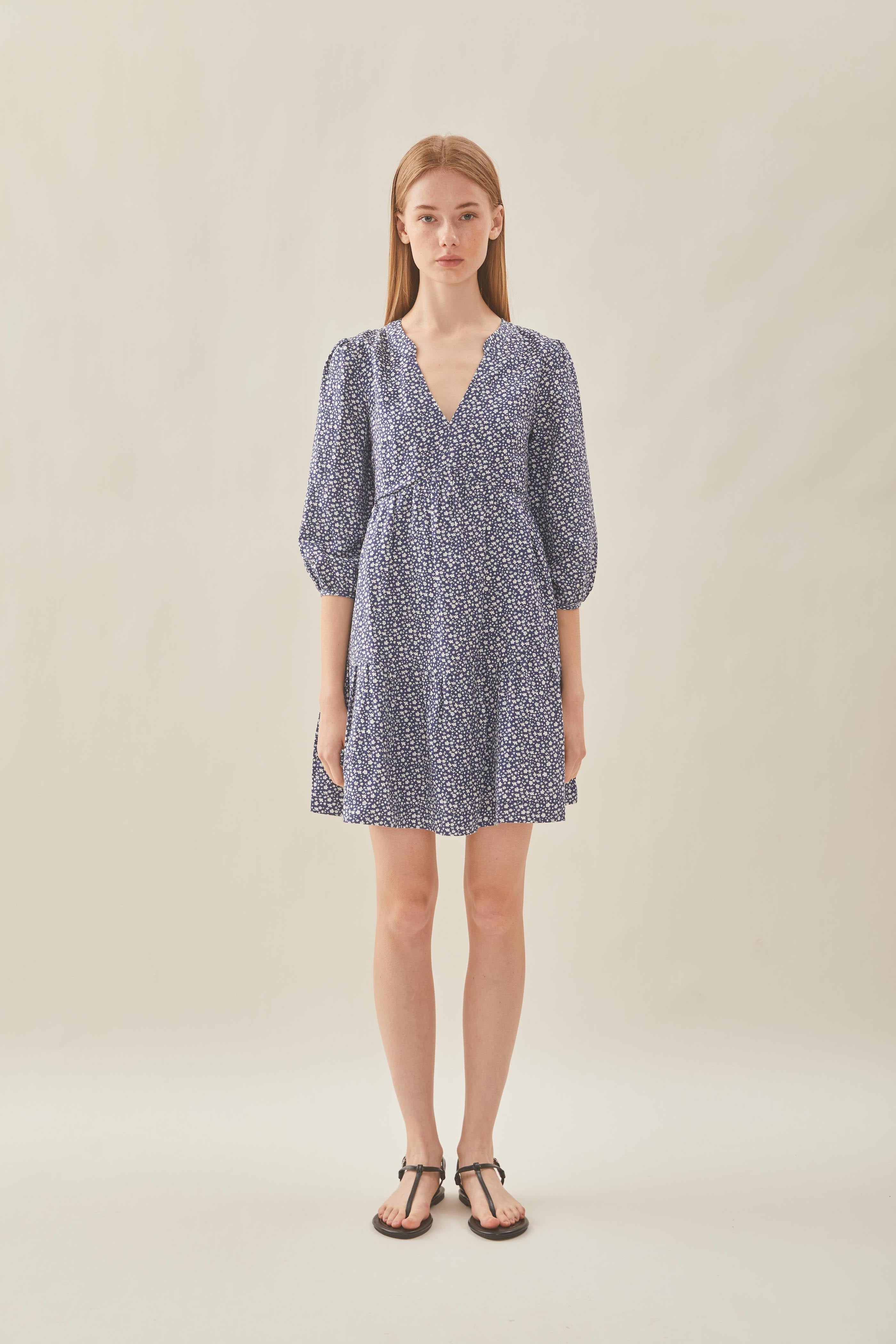 Linen Tiered Dress in Moonlight Bloom