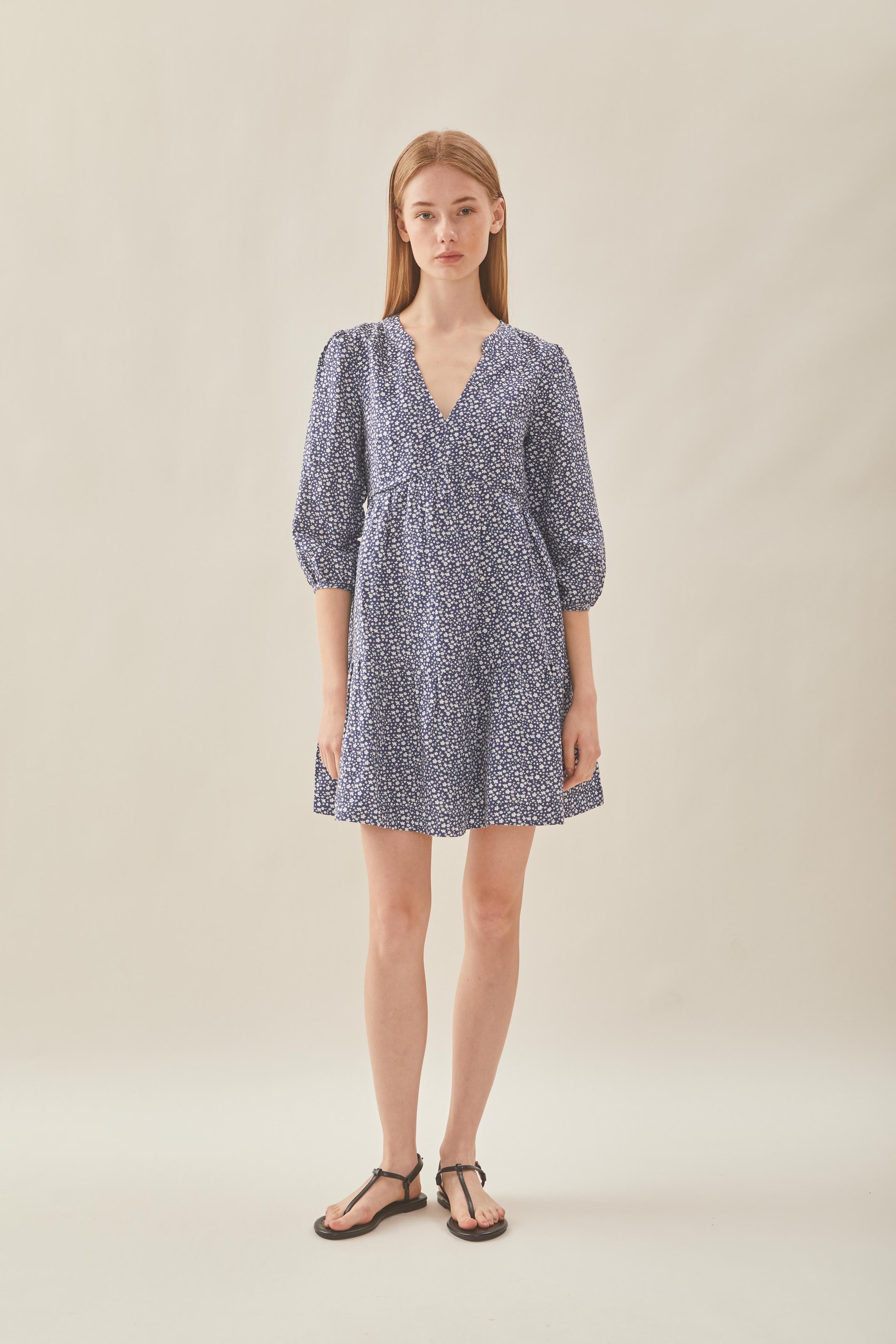 Linen Tiered Dress in Moonlight Bloom