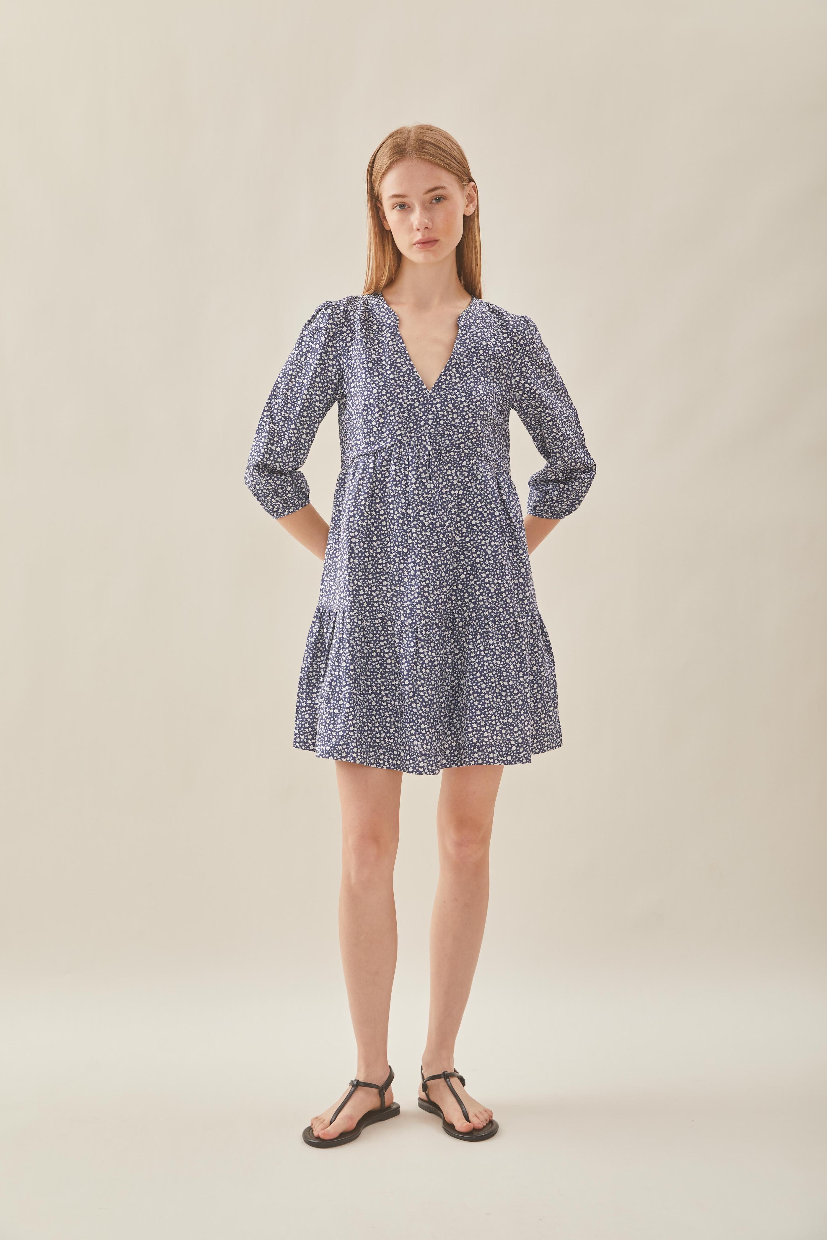 Linen Tiered Dress in Moonlight Bloom