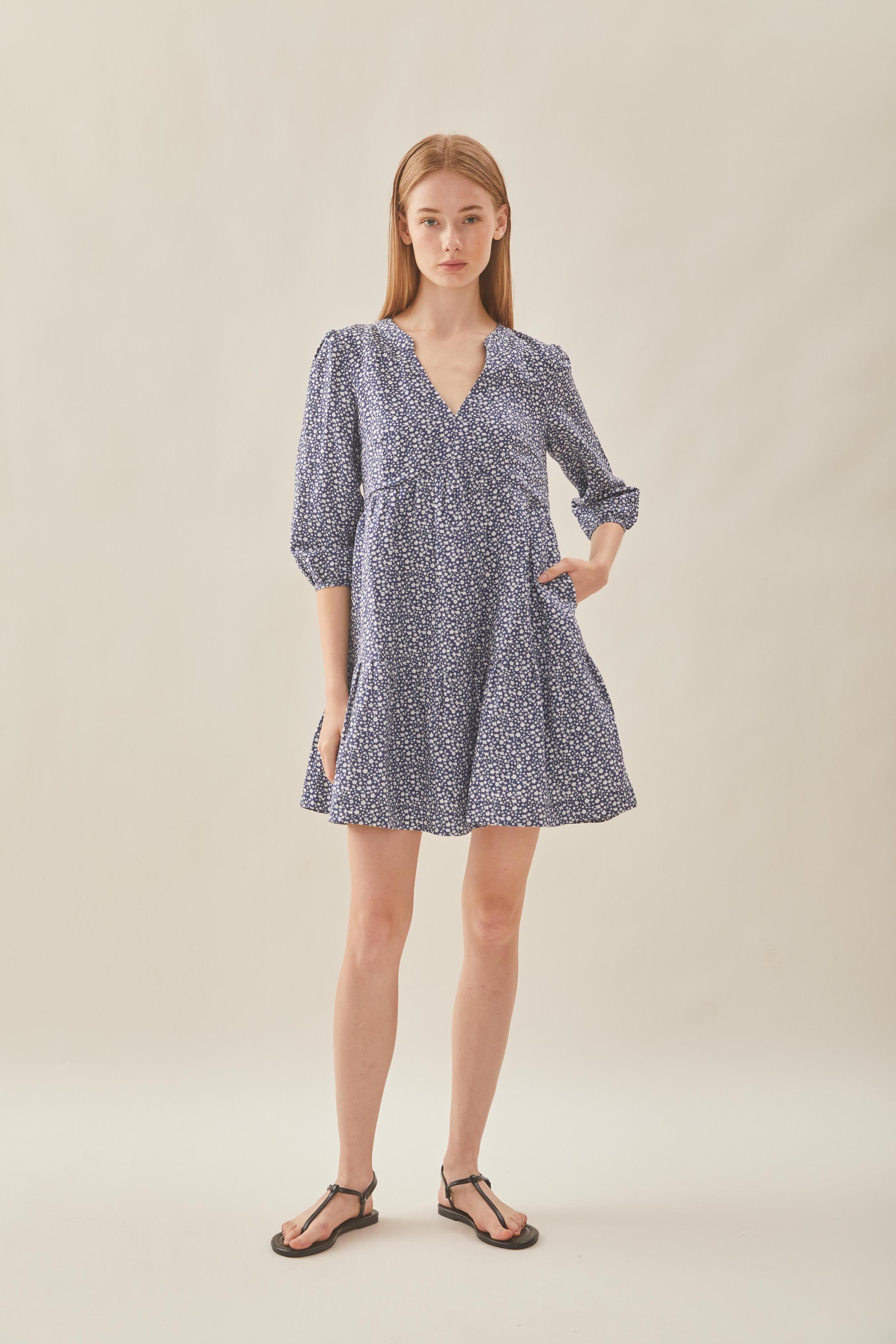 Linen Tiered Dress in Moonlight Bloom