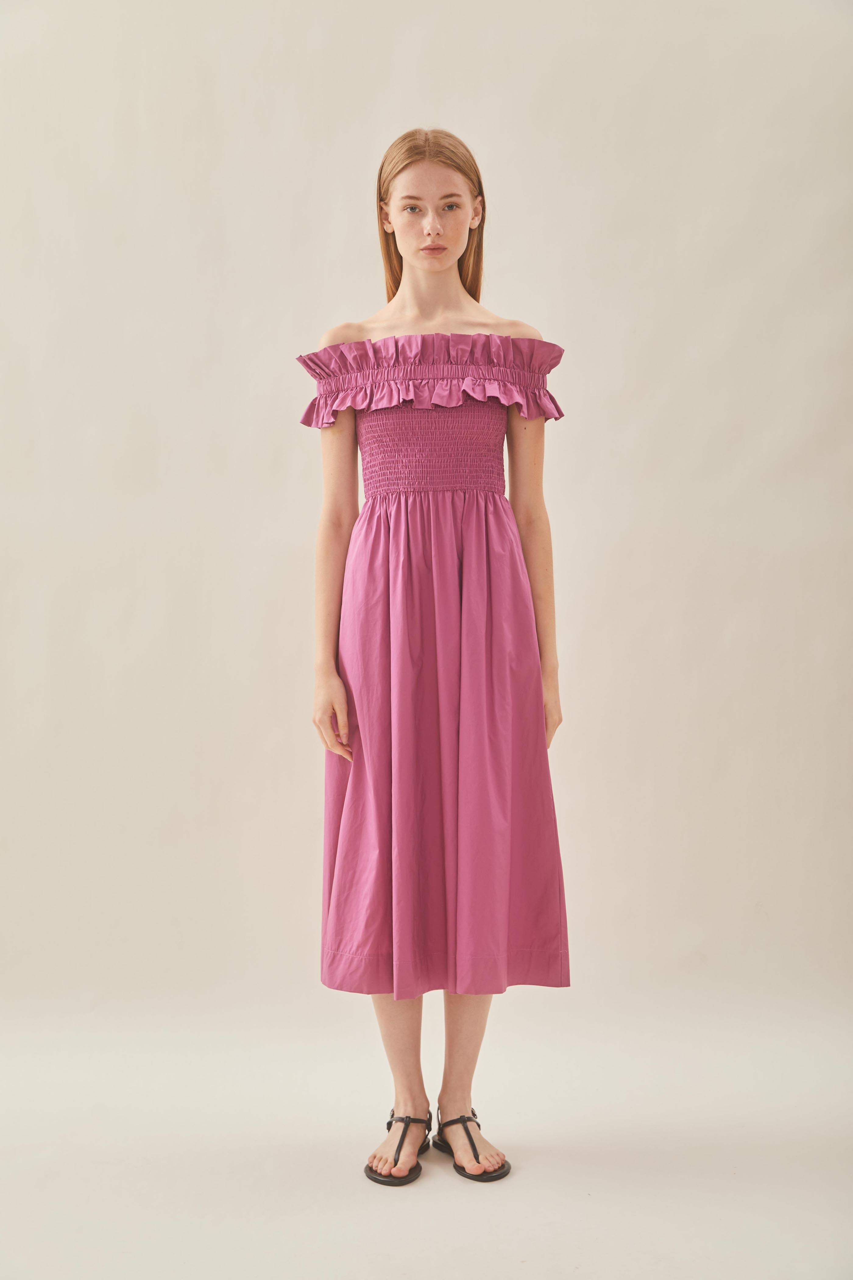 Off Shoulder Dress with Ruffles in Wild Rose