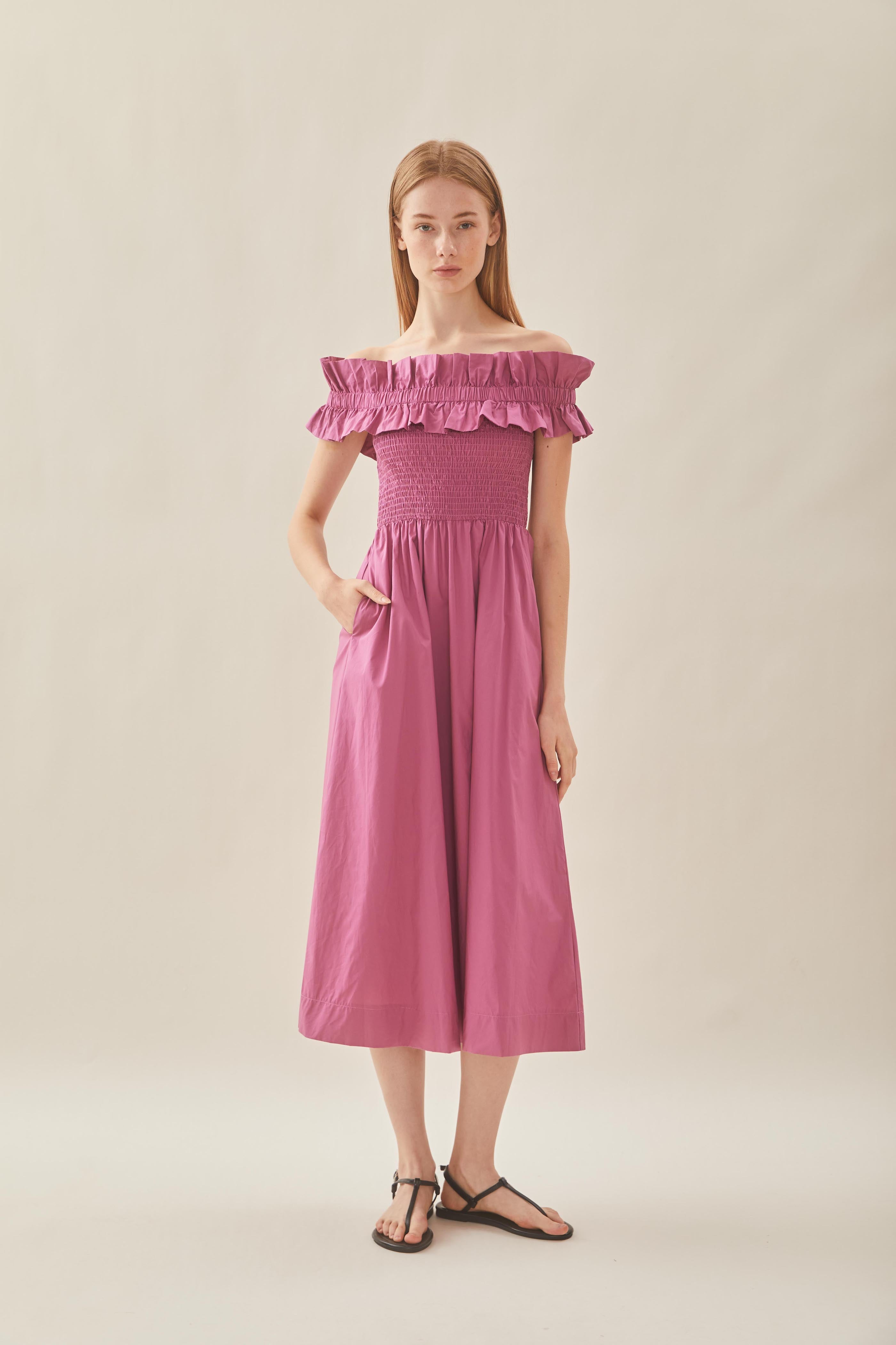 Off Shoulder Dress with Ruffles in Wild Rose