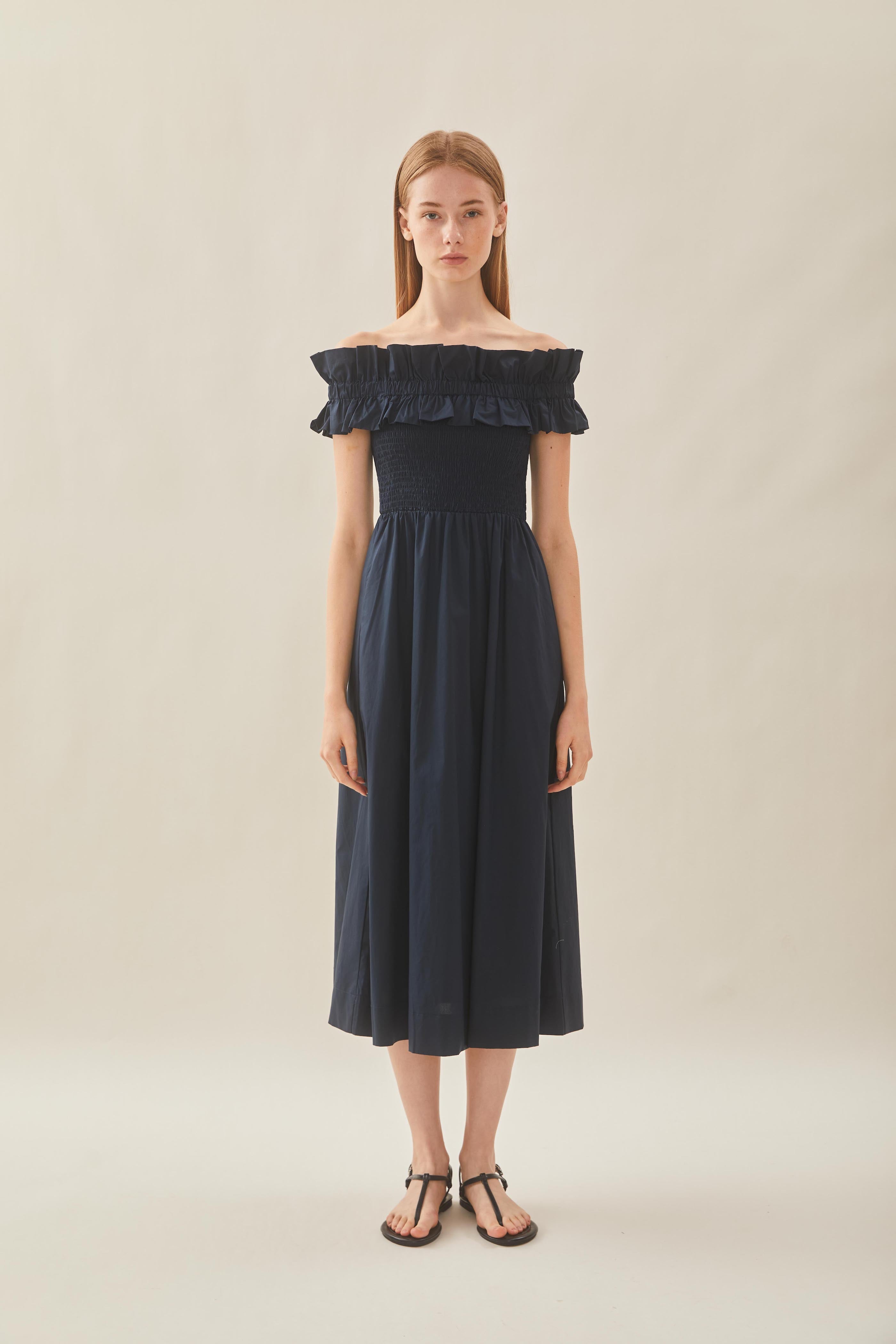 Off Shoulder Dress with Ruffles in Midnight