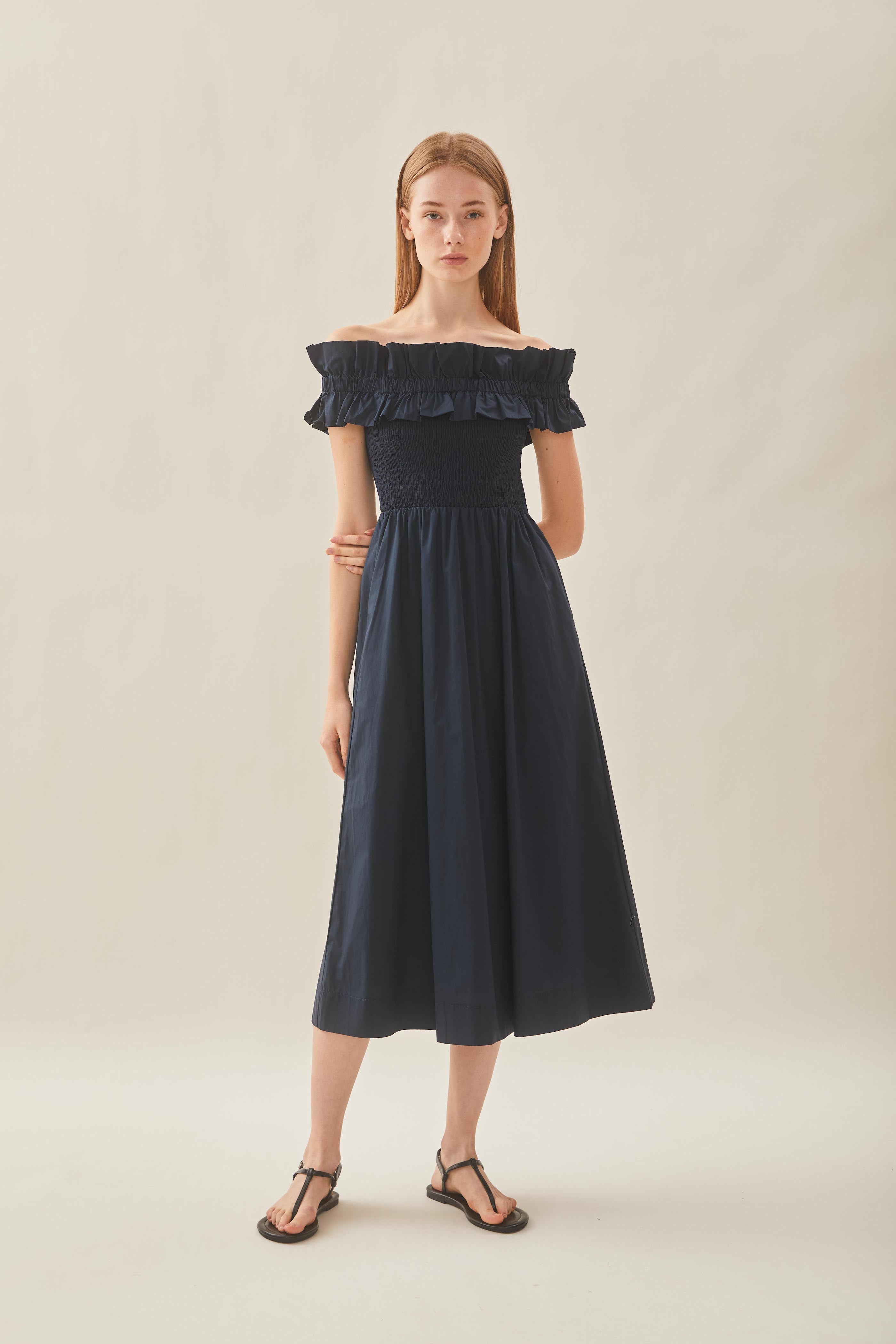 Off Shoulder Dress with Ruffles in Midnight