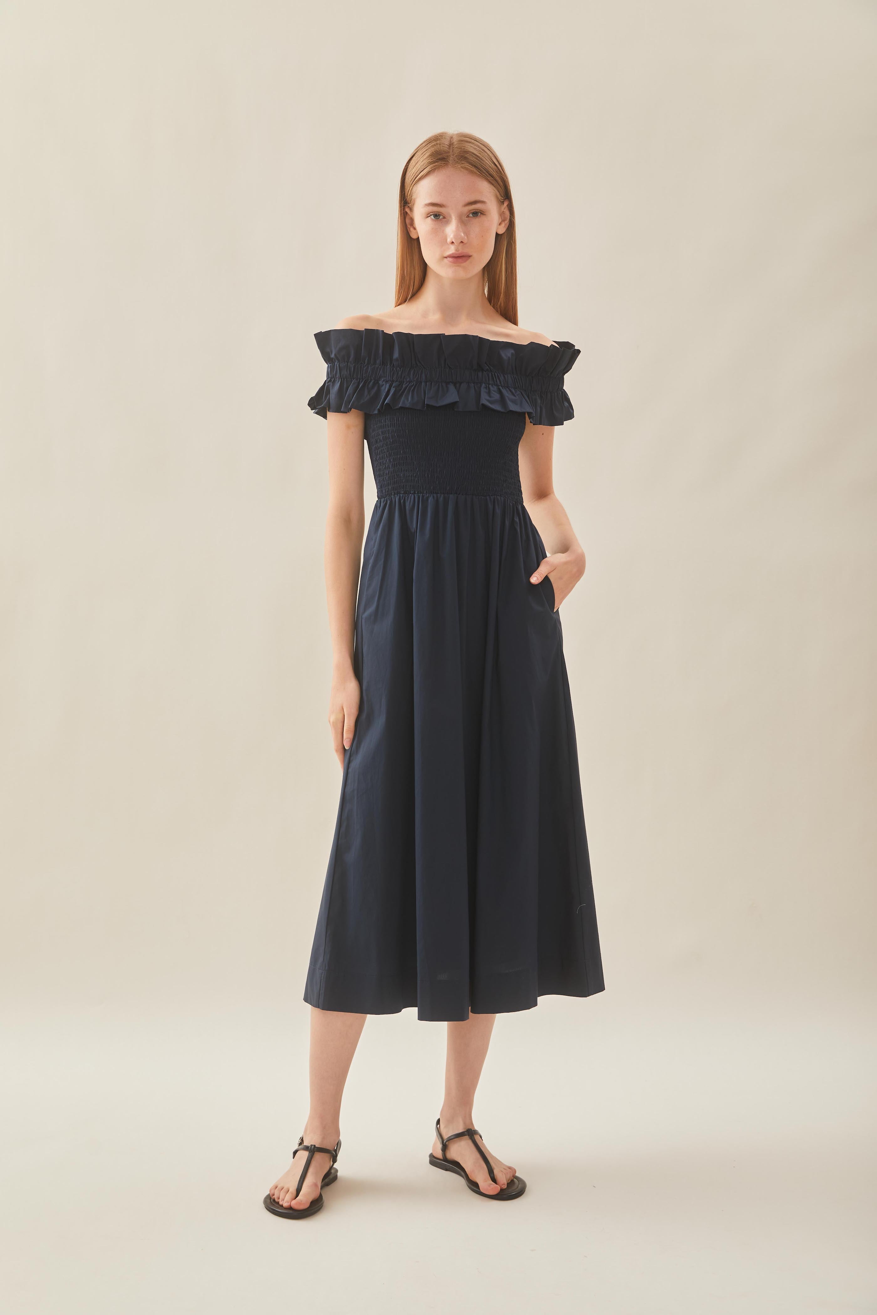 Off Shoulder Dress with Ruffles in Midnight