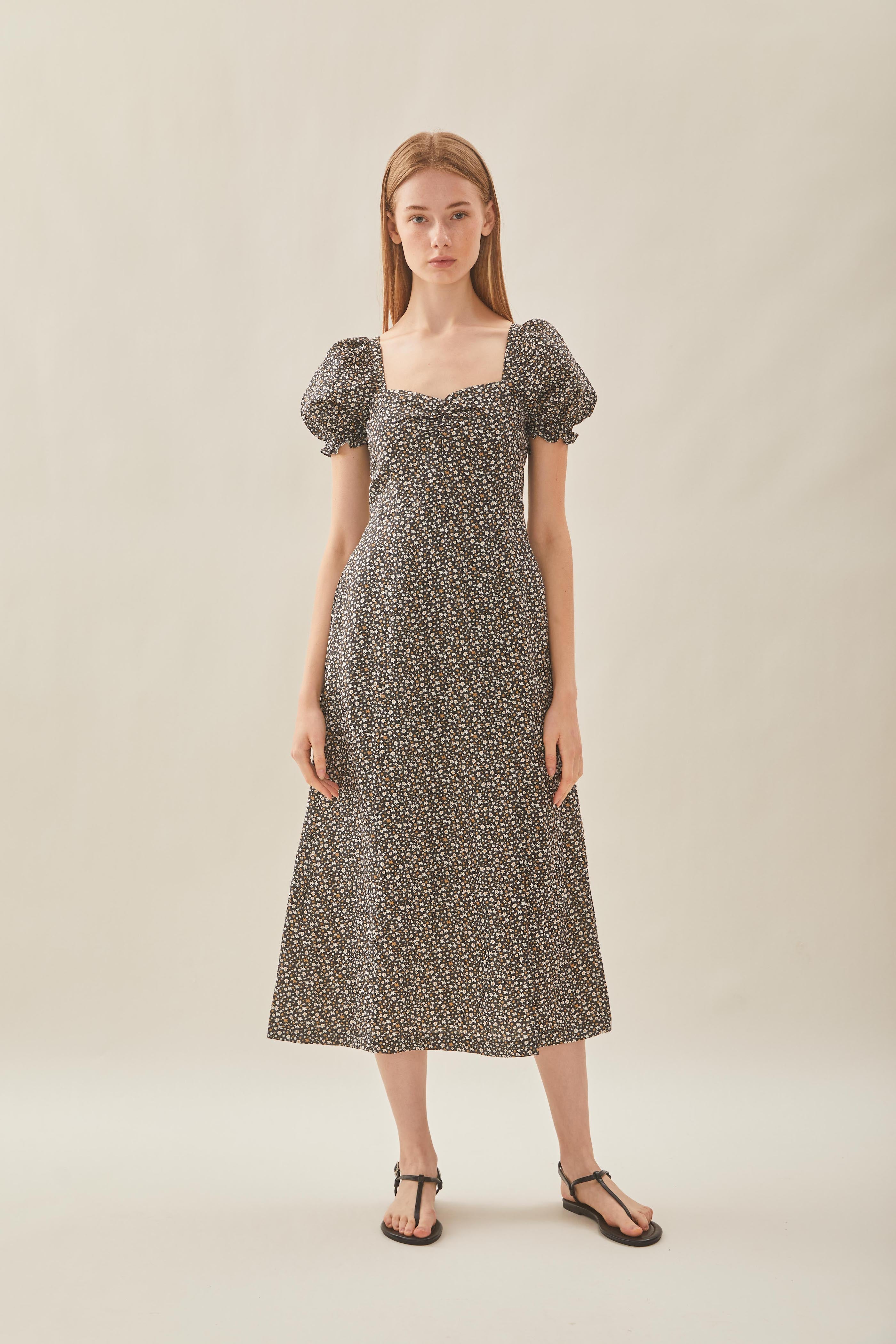 Puffed Sleeve Dress in Nightfall Bloom