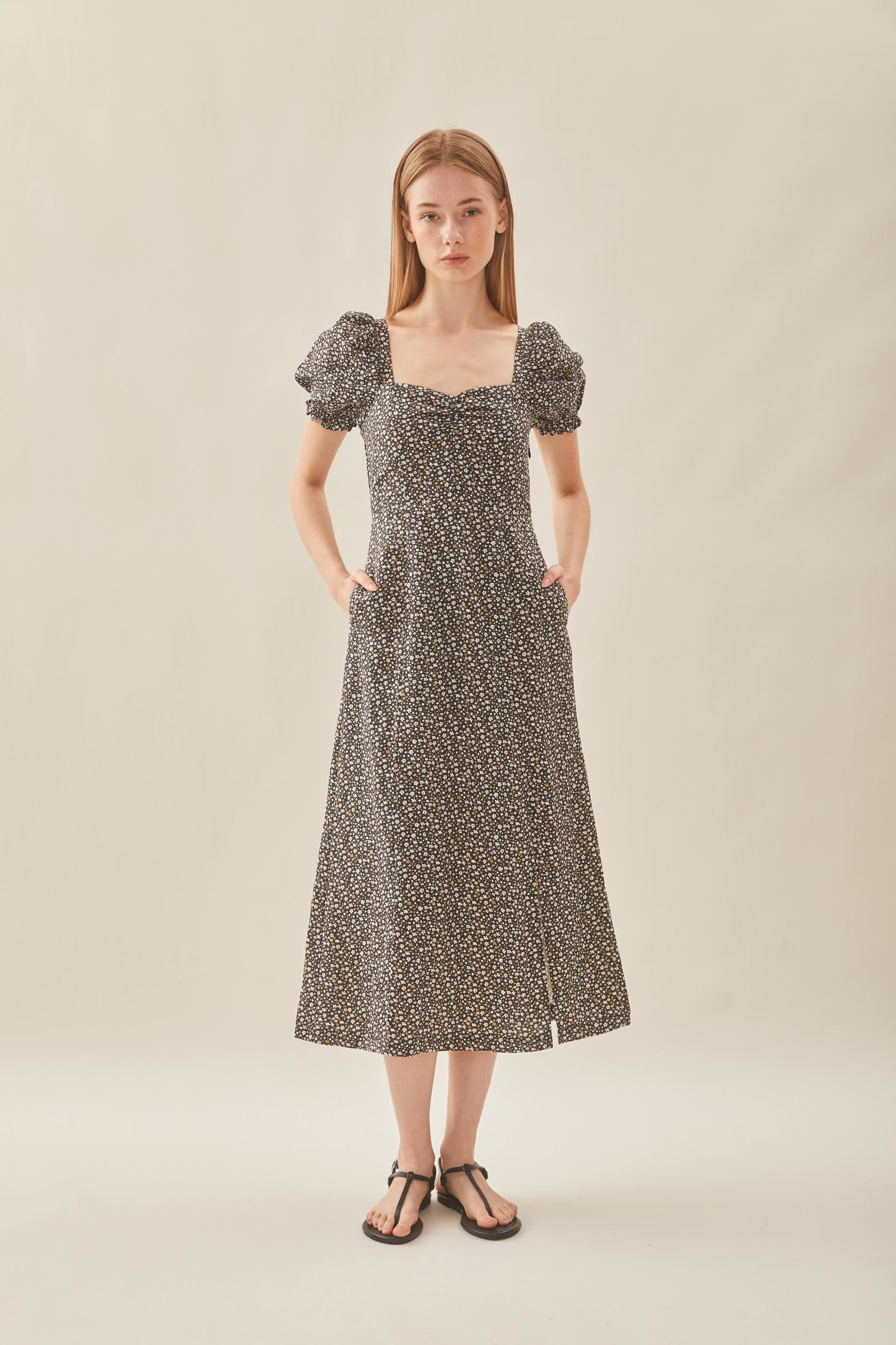 Puffed Sleeve Dress in Nightfall Bloom