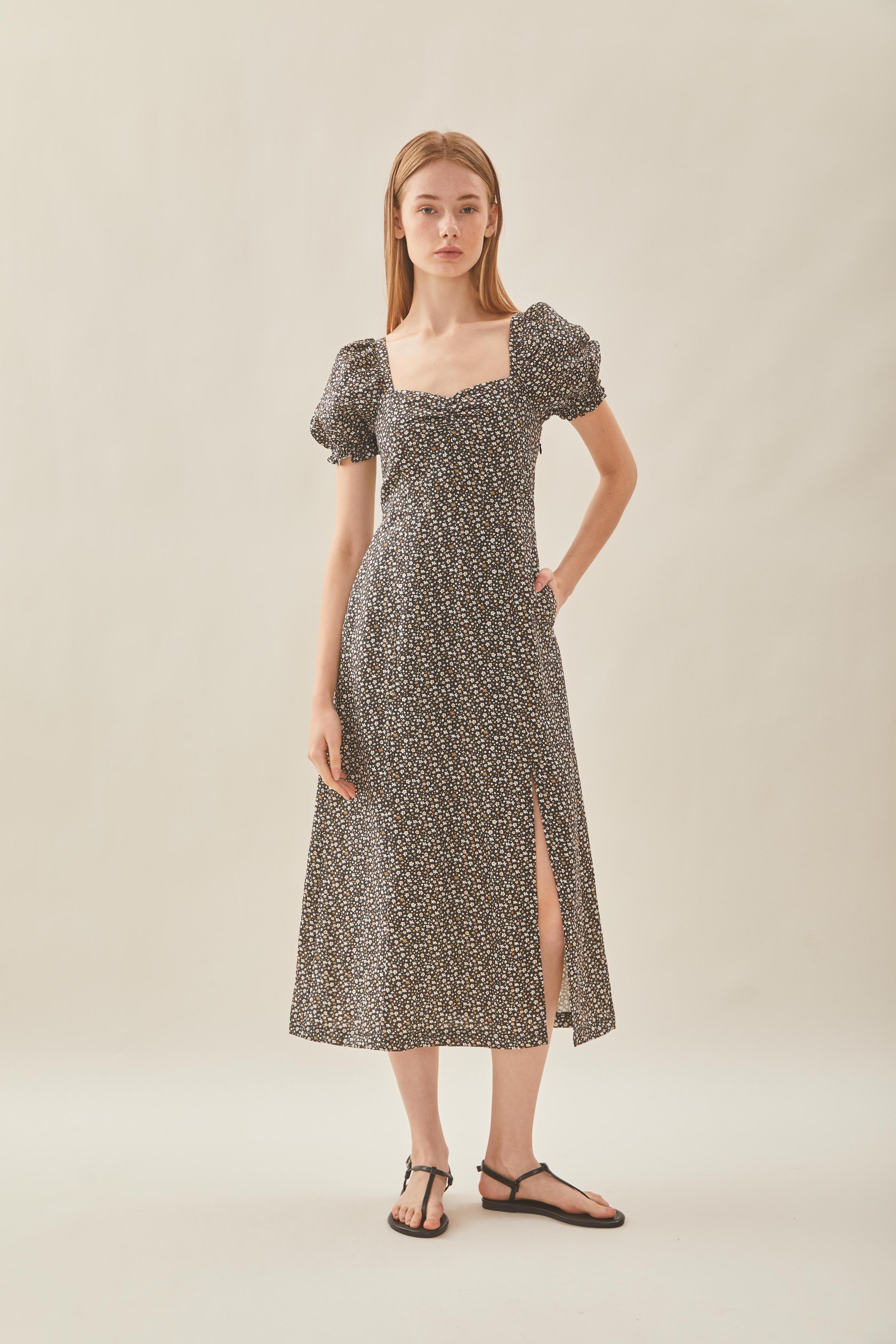 Puffed Sleeve Dress in Nightfall Bloom